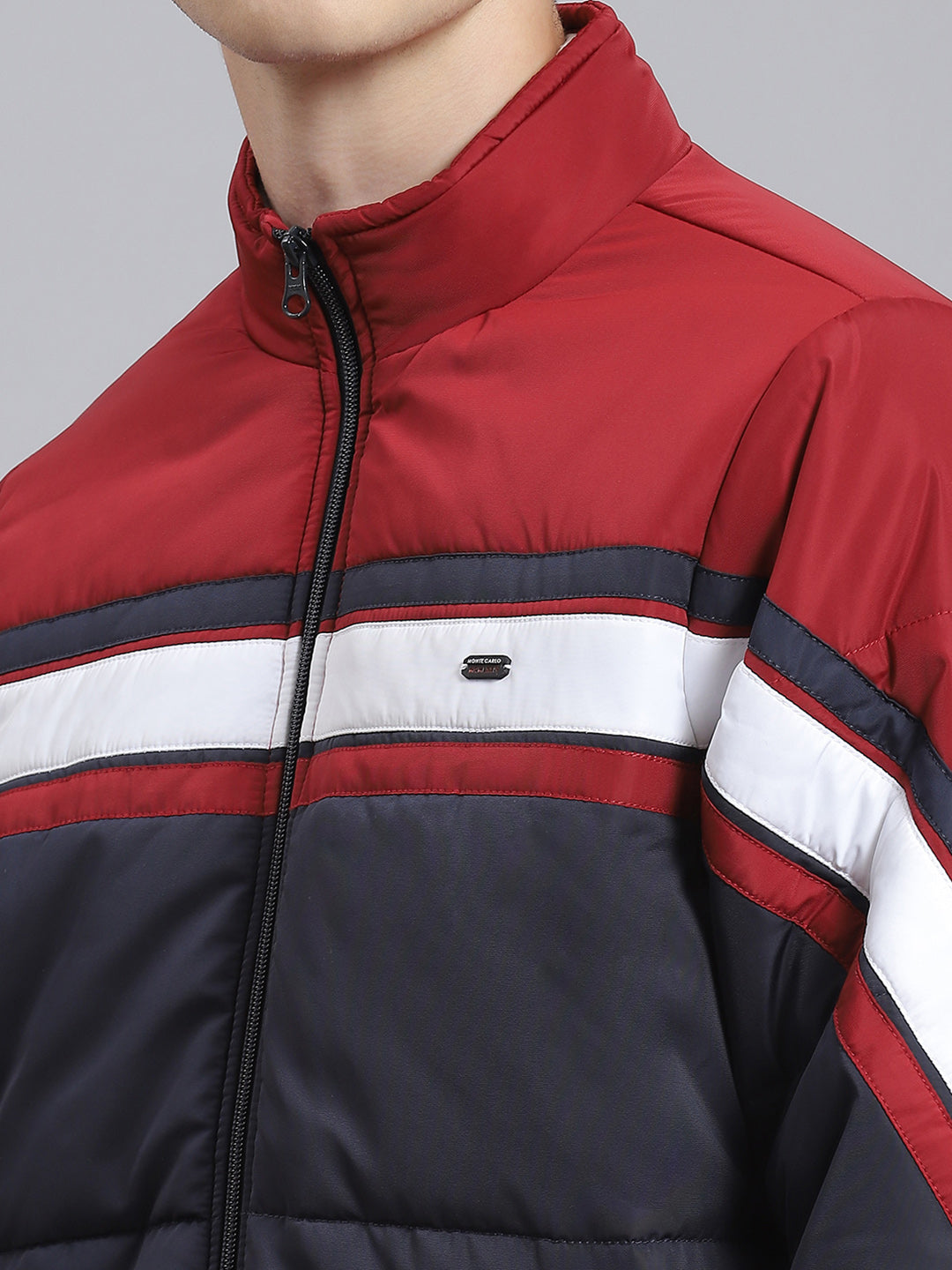 Men Navy Blue Solid Stand Collar Full Sleeve Jacket