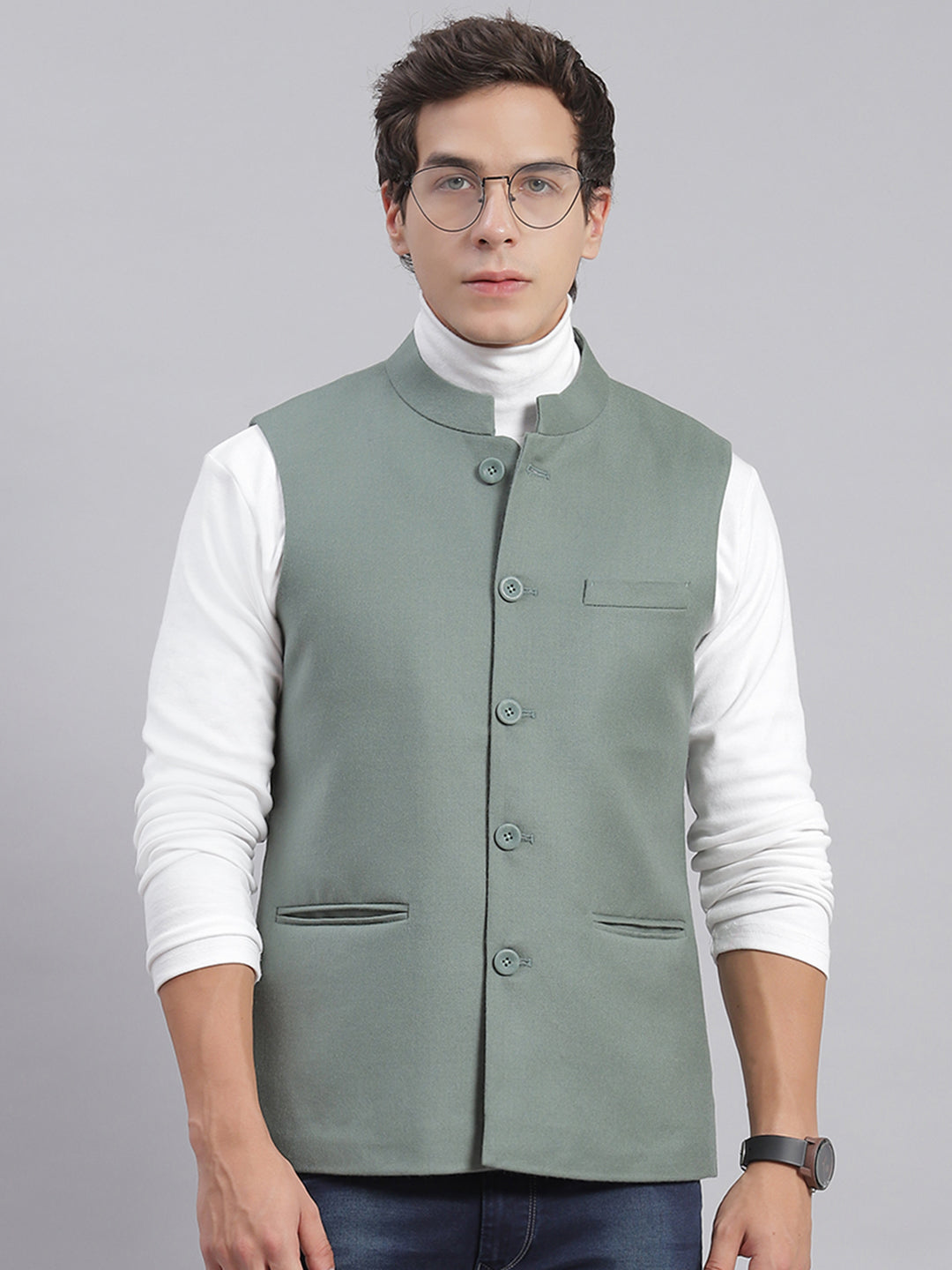 Men Green Solid Mandarin Collar Sleeveless Nehru Jackets