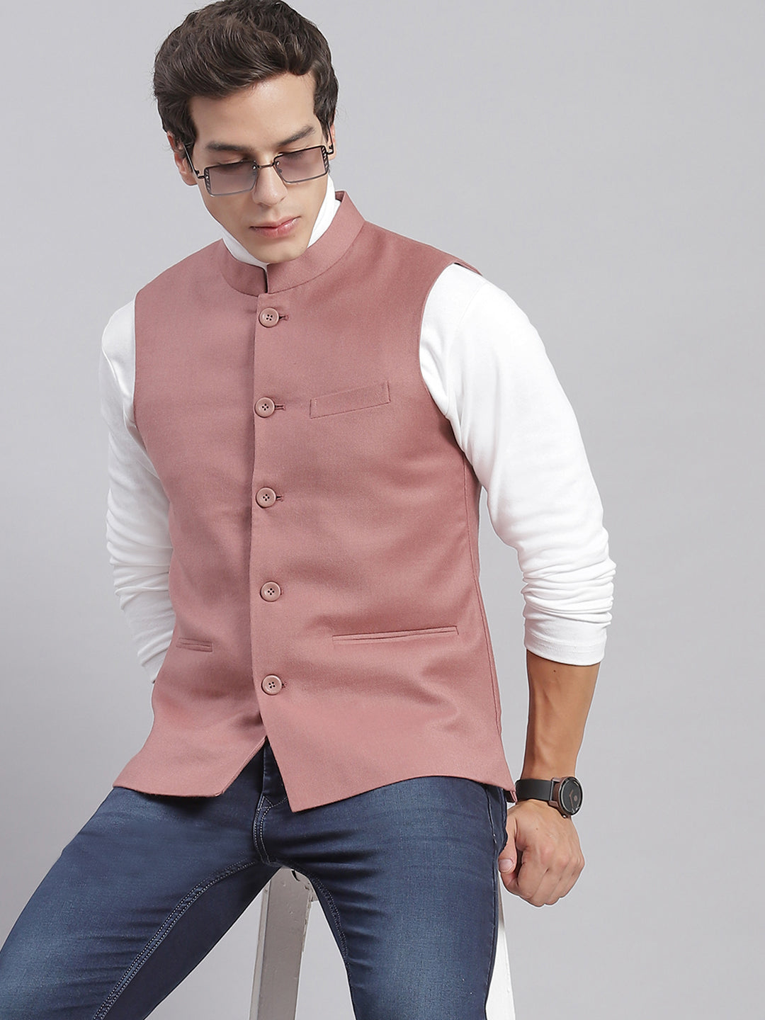 Men Pink Solid Mandarin Collar Sleeveless Nehru Jackets