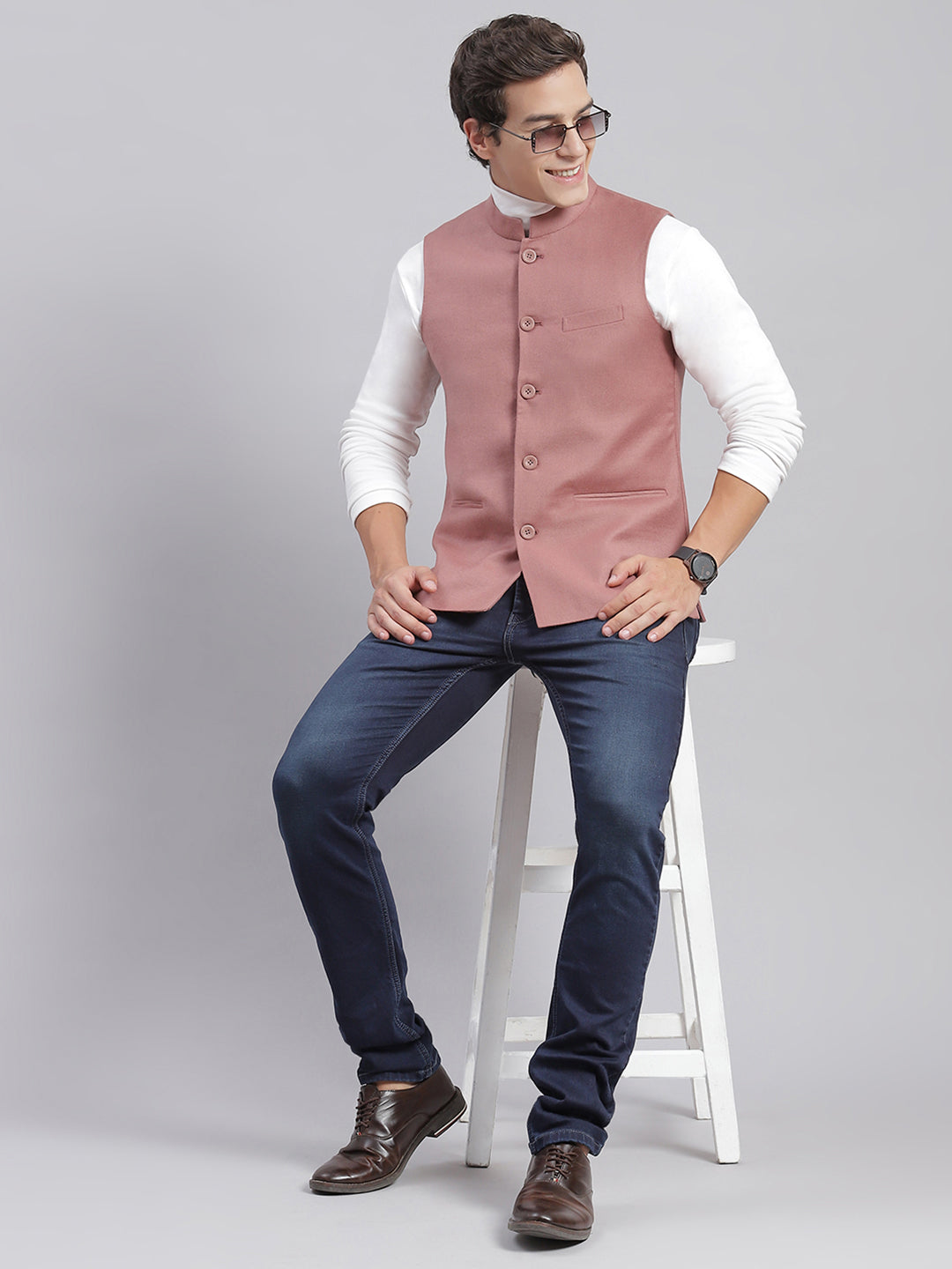 Men Pink Solid Mandarin Collar Sleeveless Nehru Jackets