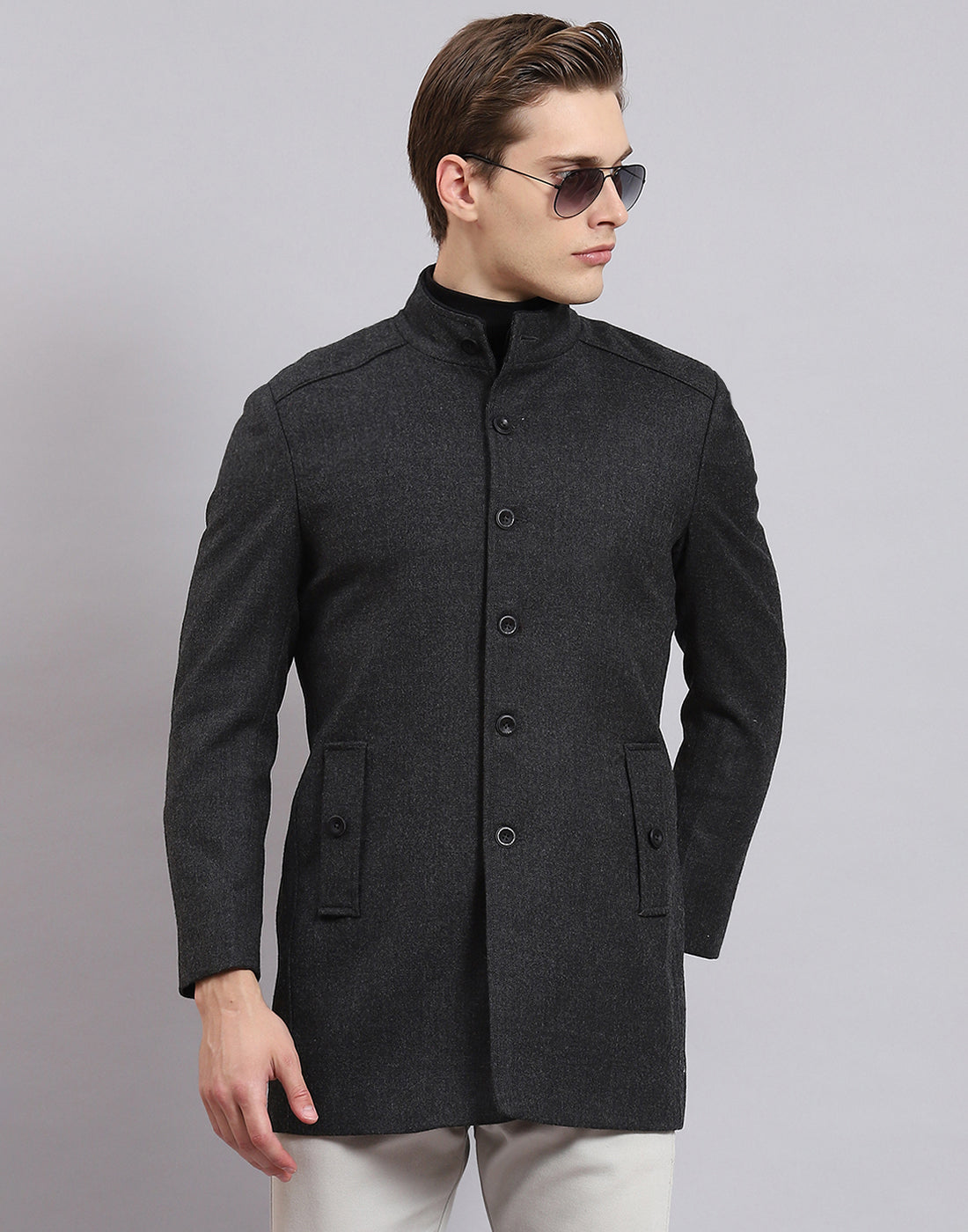 Stein OVER SLEEVE STAND COLLAR COAT Men Grey Solid Stand Collar