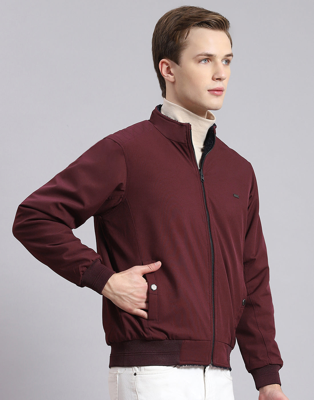 Men Maroon Solid Stand Collar Full Sleeve Jacket