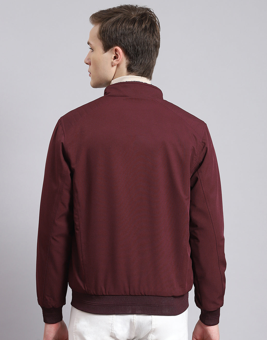 Men Maroon Solid Stand Collar Full Sleeve Jacket