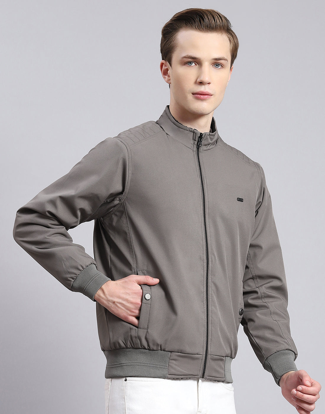 Men Grey Solid Stand Collar Full Sleeve Jacket