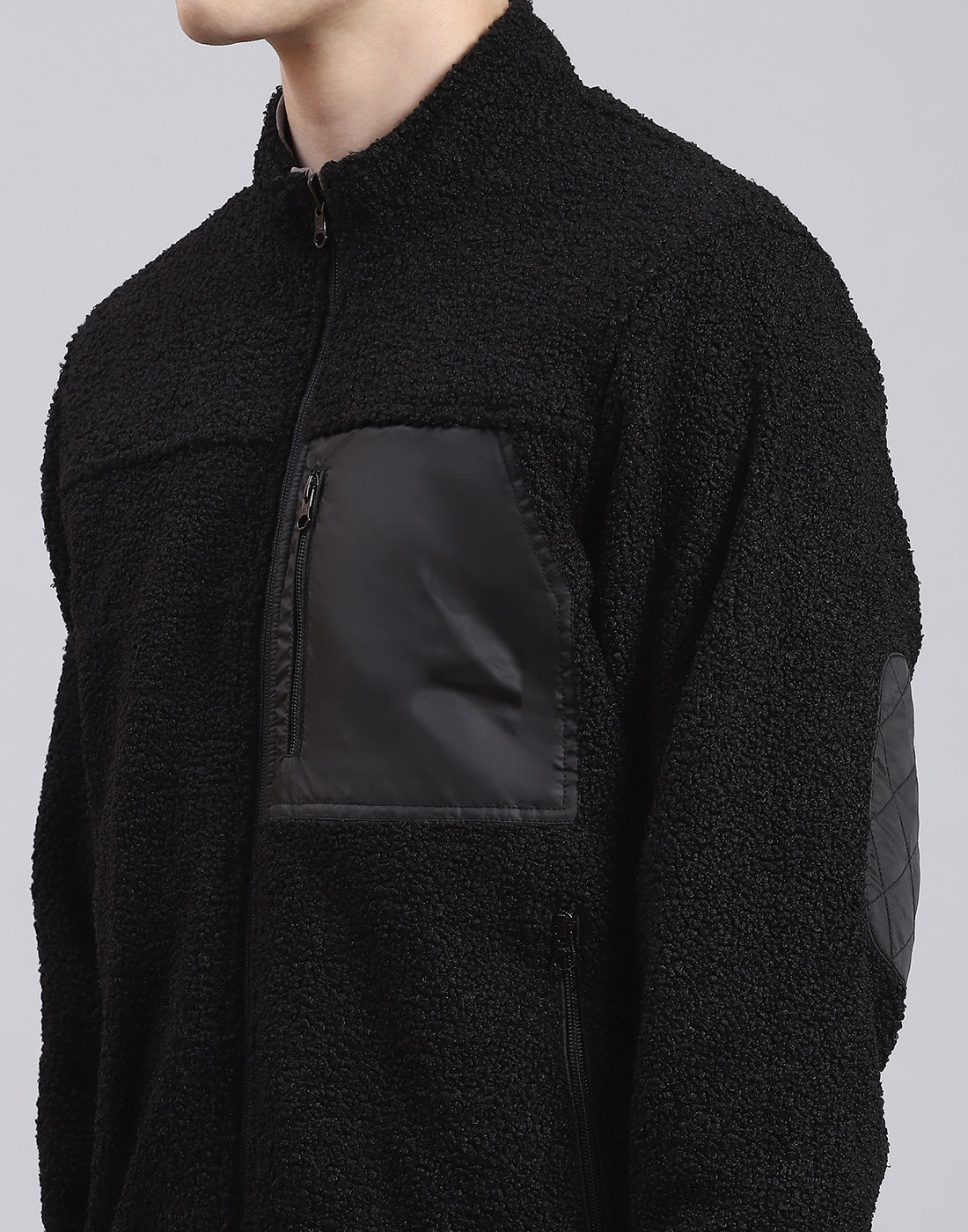 Men Grey Solid Stand Collar Full Sleeve Jacket