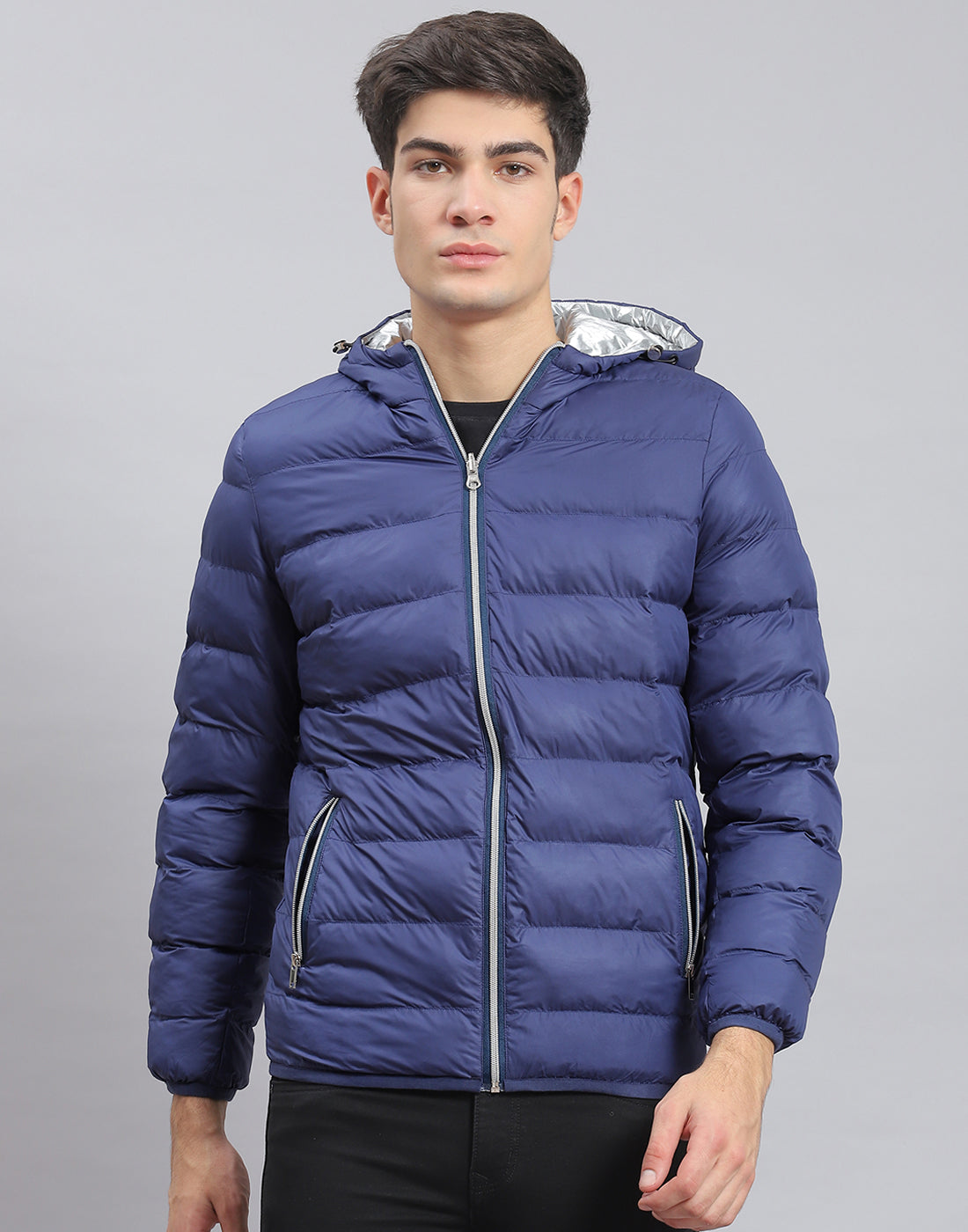 Men Blue Solid Hooded Full Sleeve Jacket