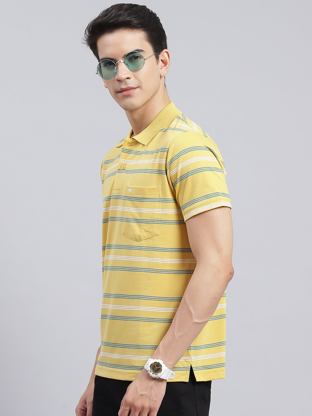 Men Yellow Stripe Cotton Blend T-Shirt