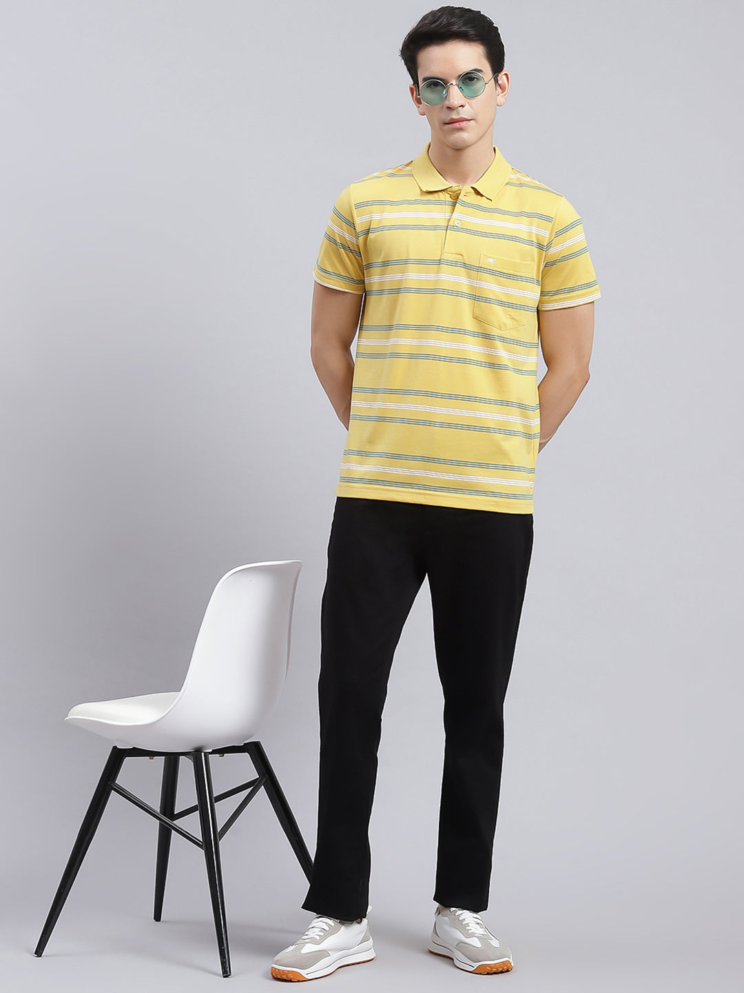 Men Yellow Stripe Cotton Blend T-Shirt