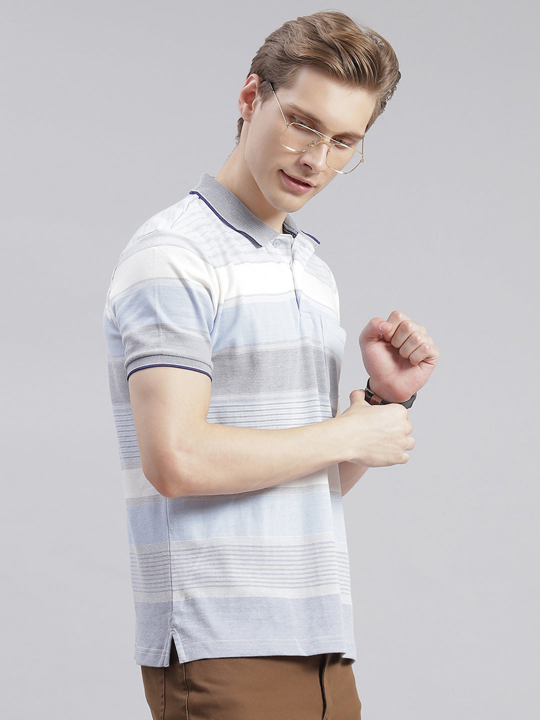 Men Blue Stripe Collar Half Sleeve T-Shirts