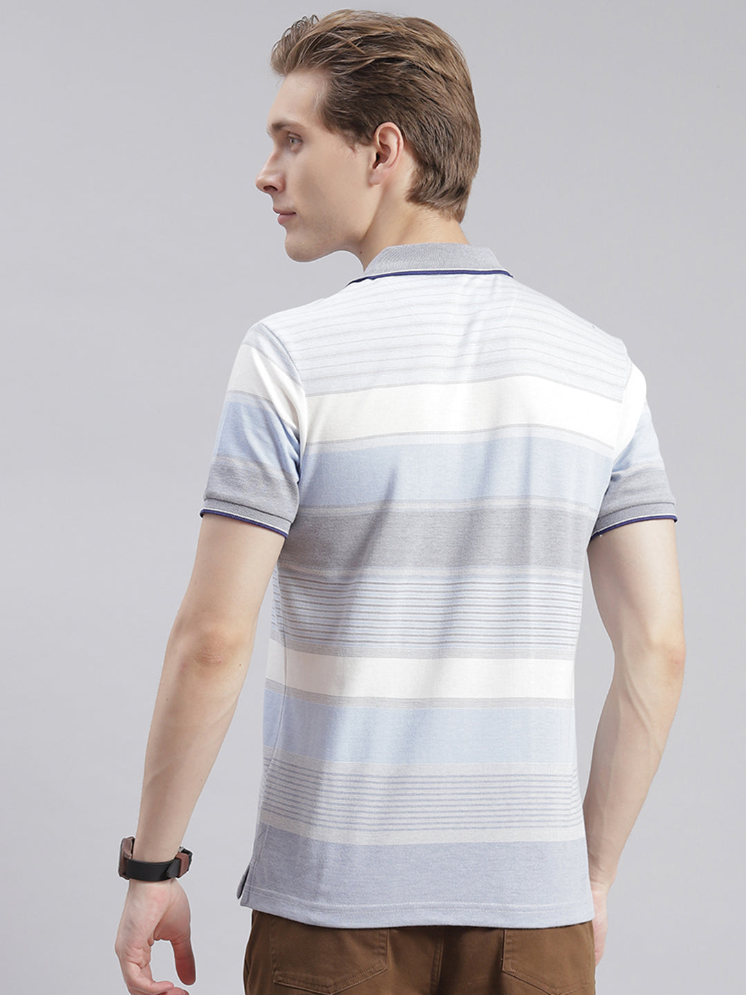 Men Blue Stripe Collar Half Sleeve T-Shirts