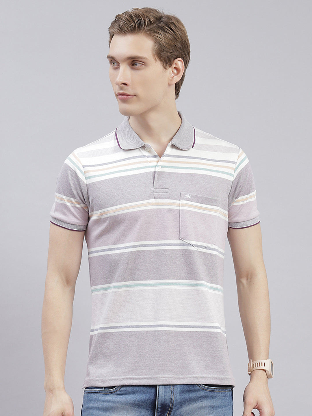 Men Purple Stripe Collar Half Sleeve T-Shirts