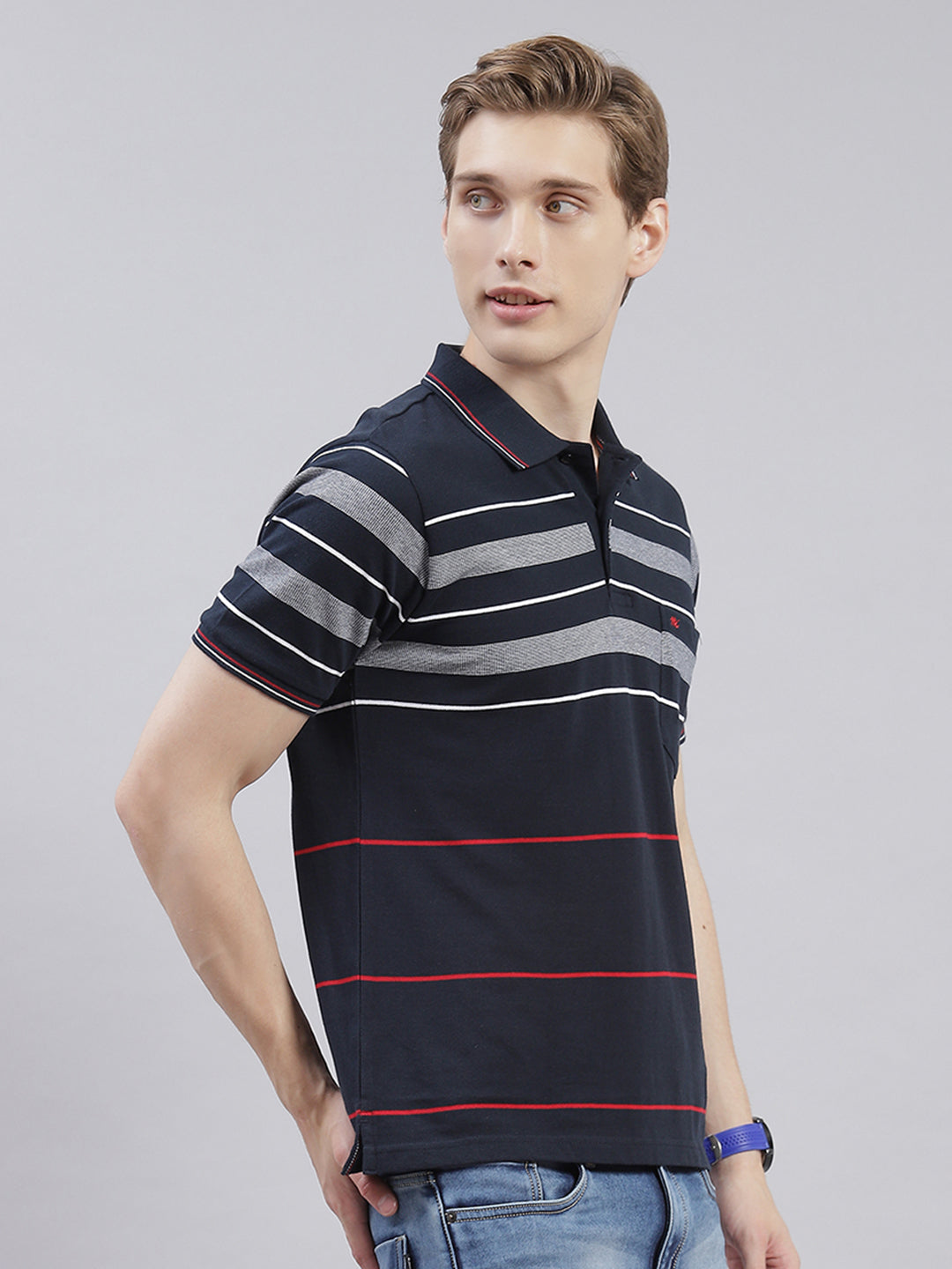 Men Navy Blue Stripe Collar Half Sleeve T-Shirts