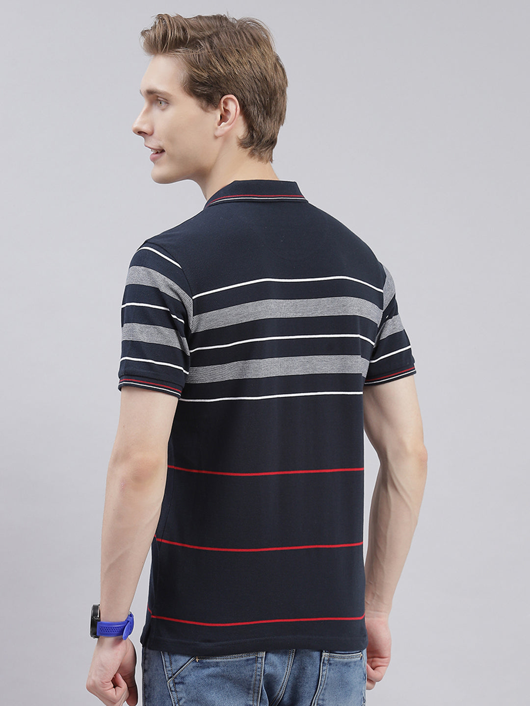 Men Navy Blue Stripe Collar Half Sleeve T-Shirts