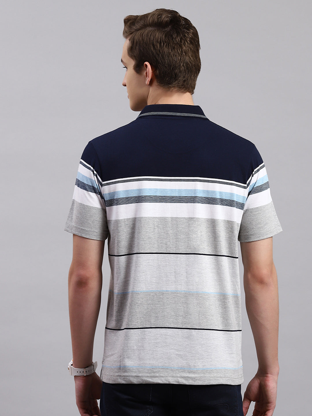 Men Navy Blue Stripe Collar Half Sleeve T-Shirts