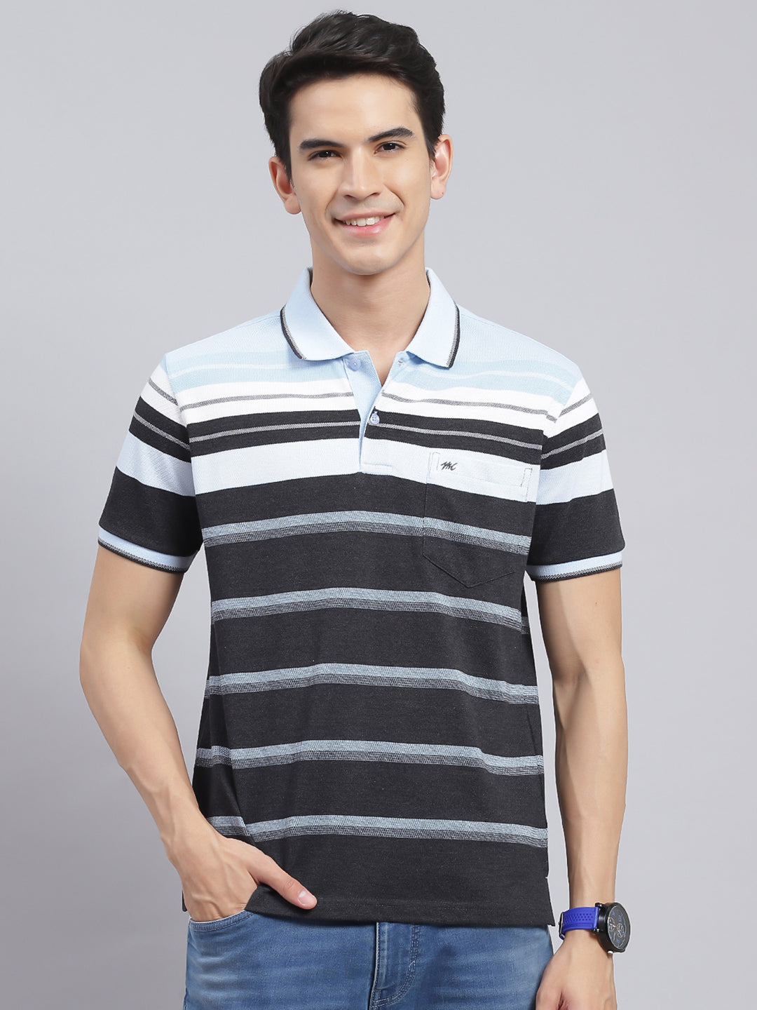 Men Blue Stripe Cotton Blend T-Shirt