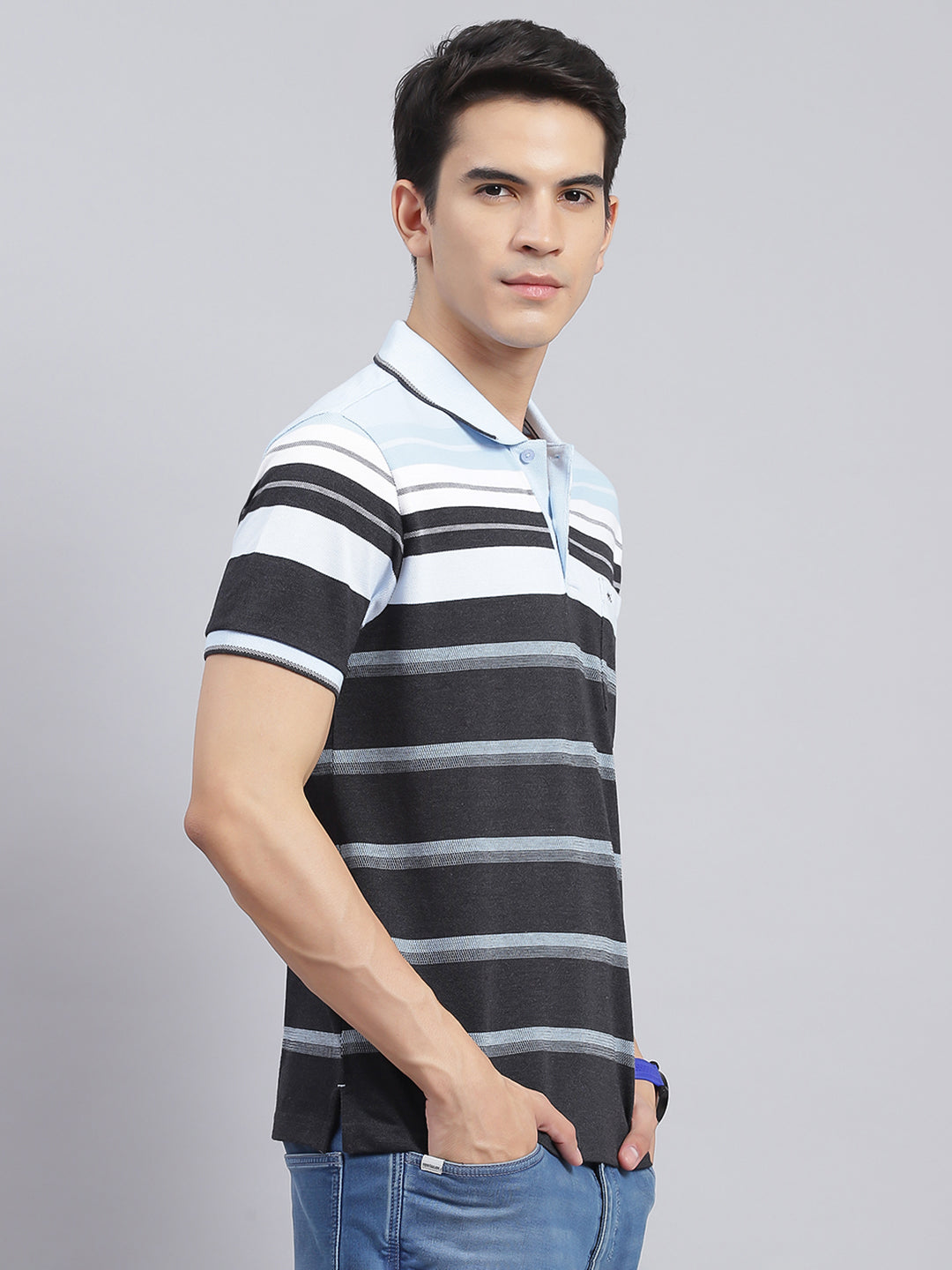 Men Blue Stripe Cotton Blend T-Shirt