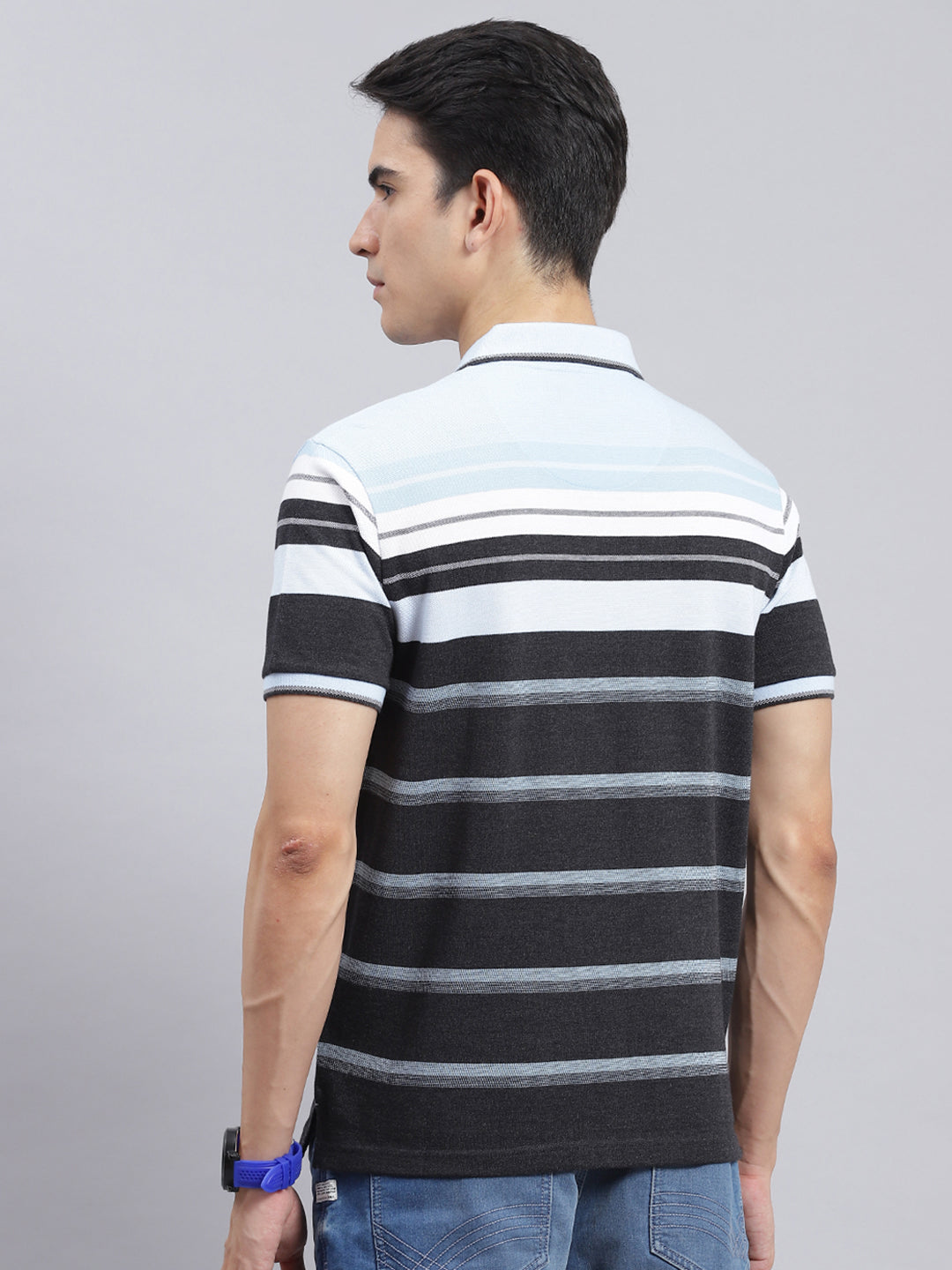 Men Blue Stripe Cotton Blend T-Shirt