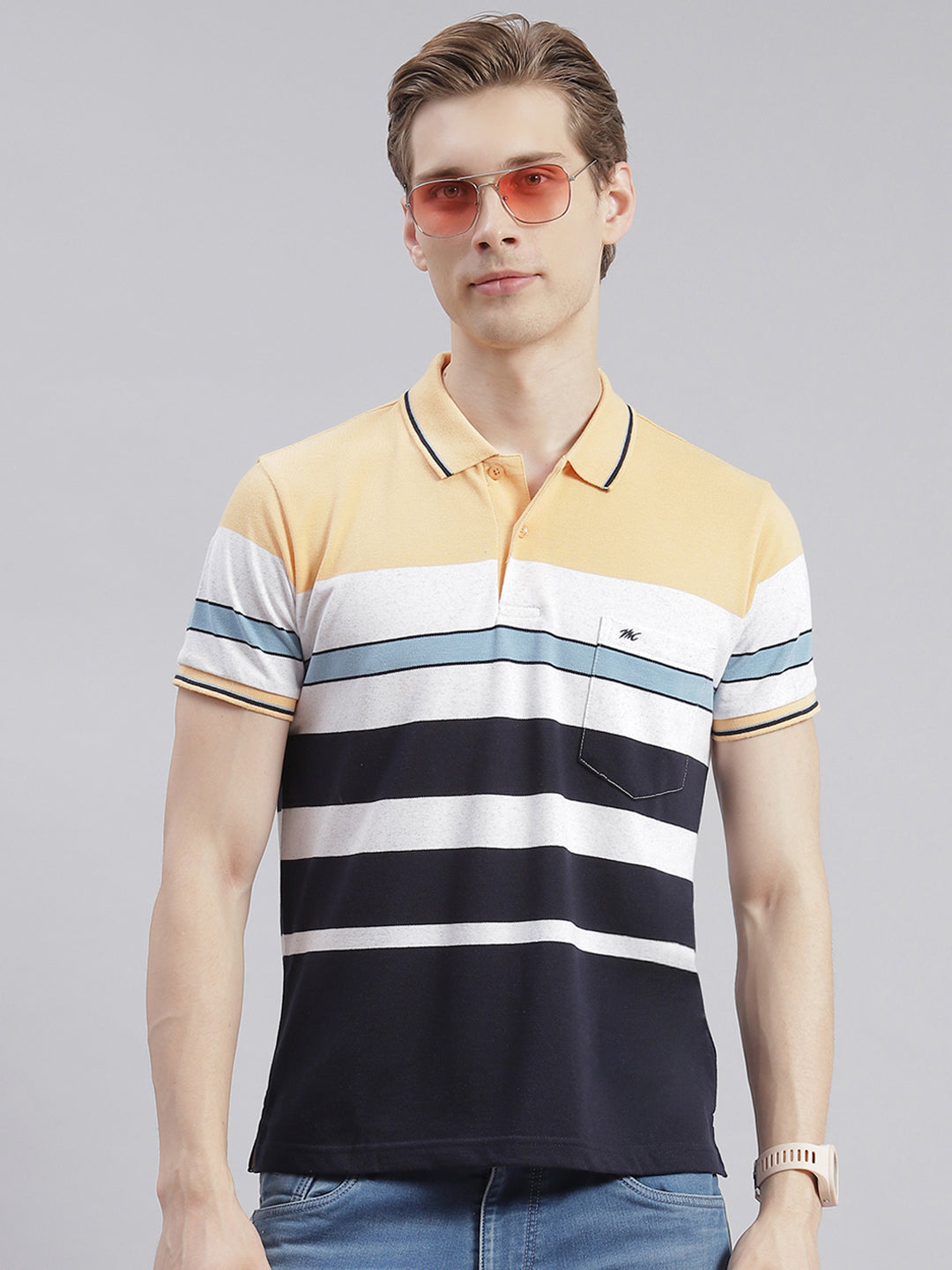 Men Navy Blue Stripe Collar Half Sleeve T-Shirts