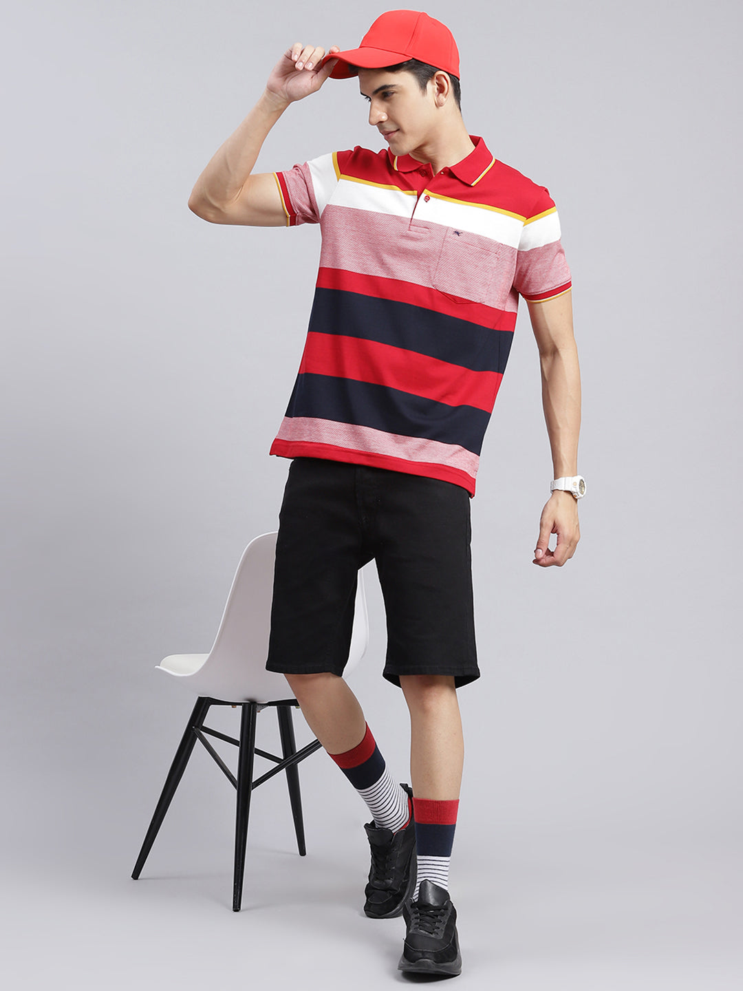 Men Red Stripe Cotton Blend T-Shirt