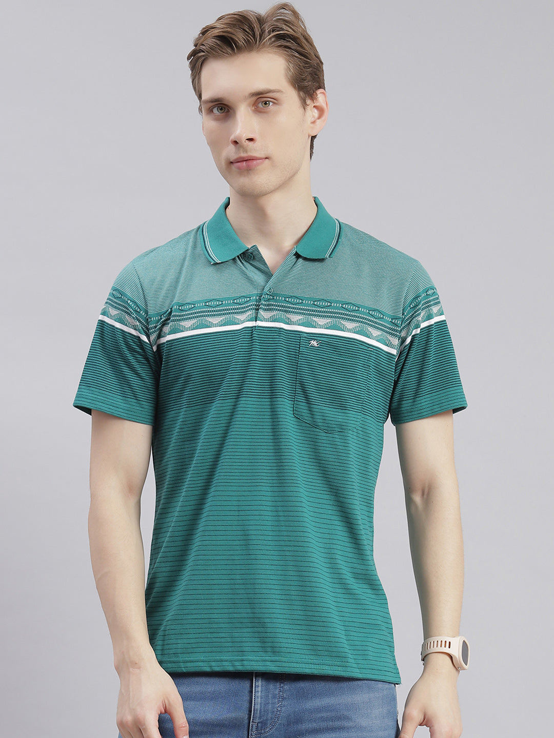 Men Green Stripe Collar Half Sleeve T-Shirts