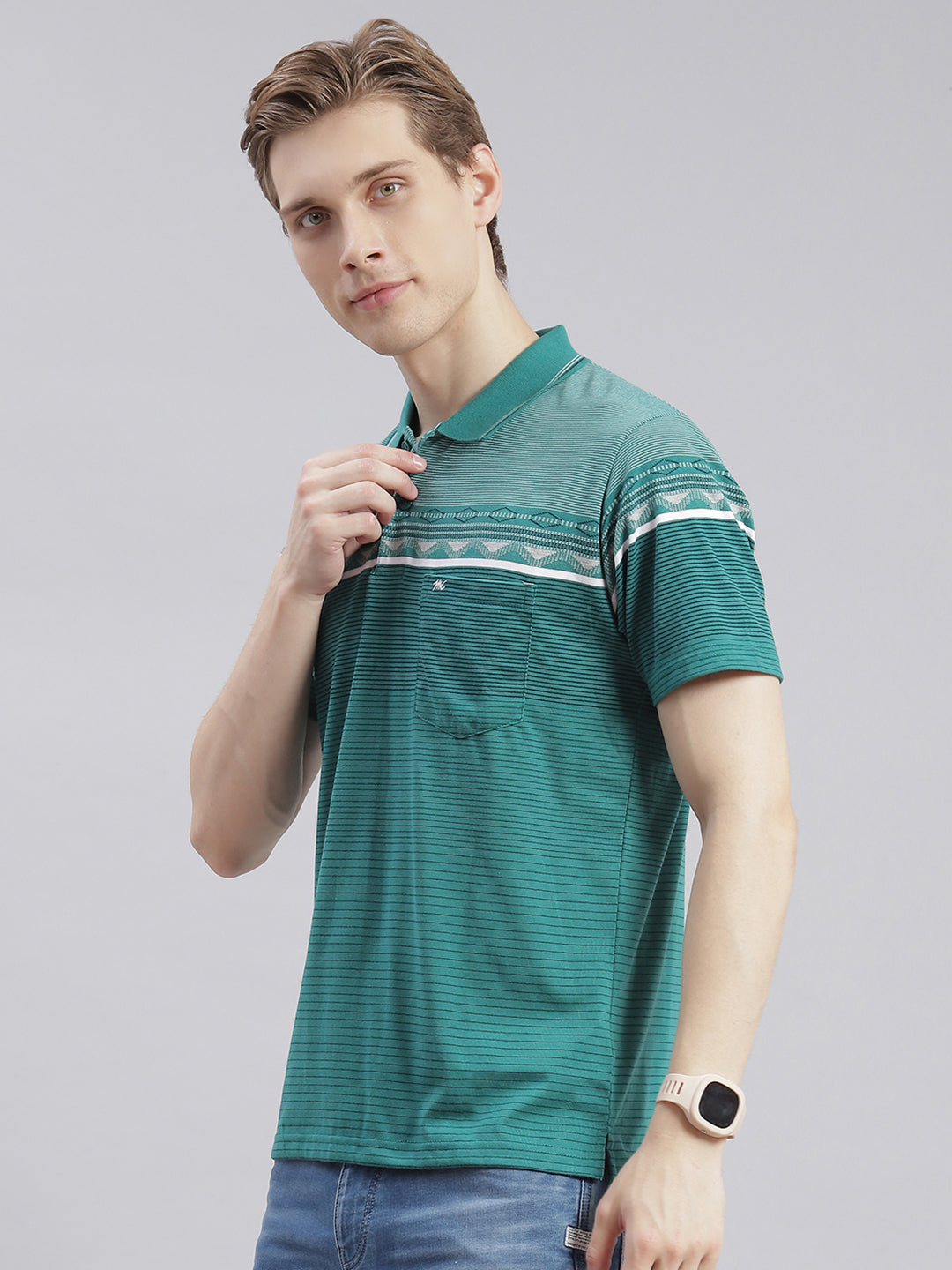 Men Green Stripe Collar Half Sleeve T-Shirts