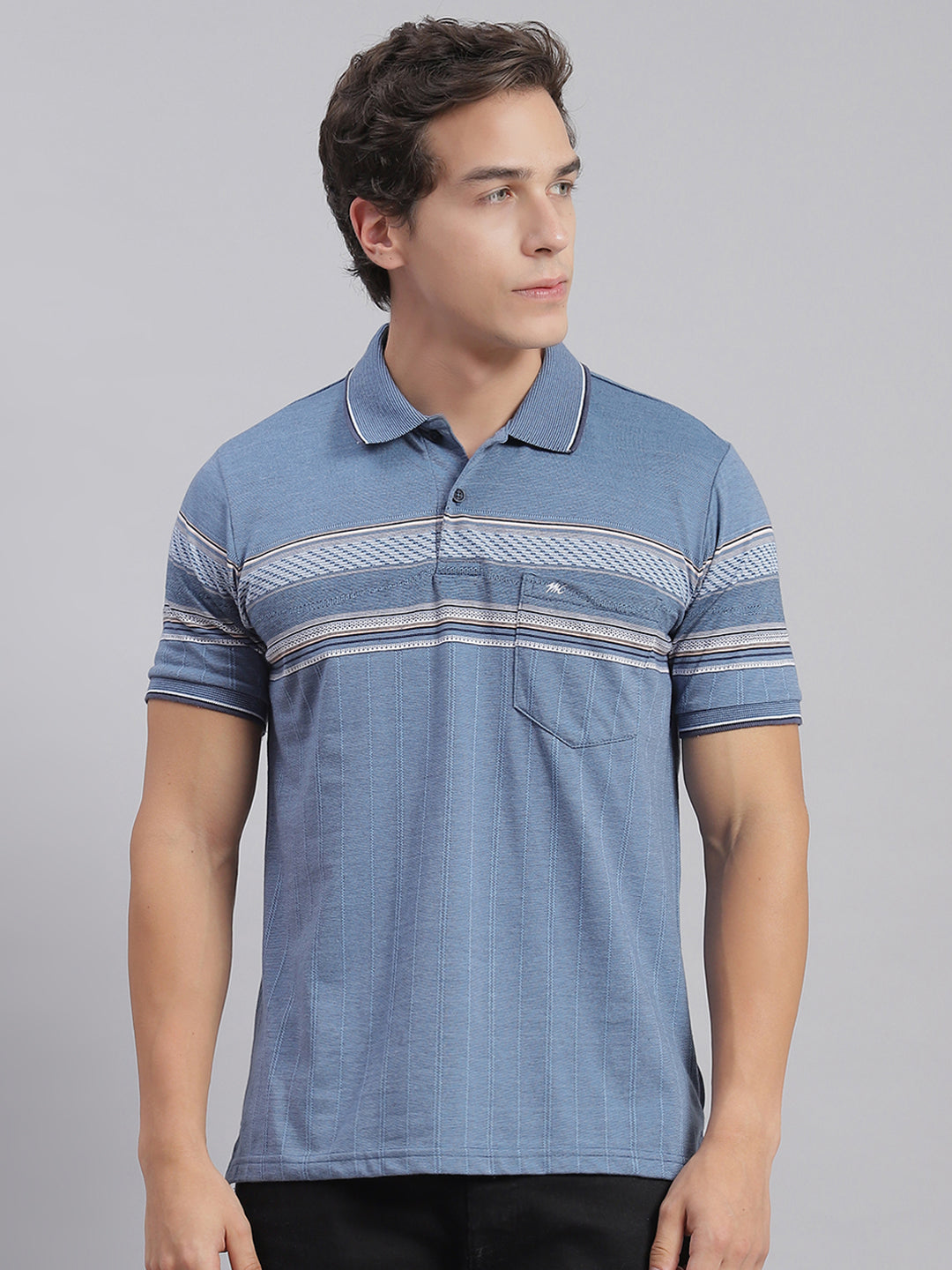Men Blue Stripe Collar Half Sleeve T-Shirts
