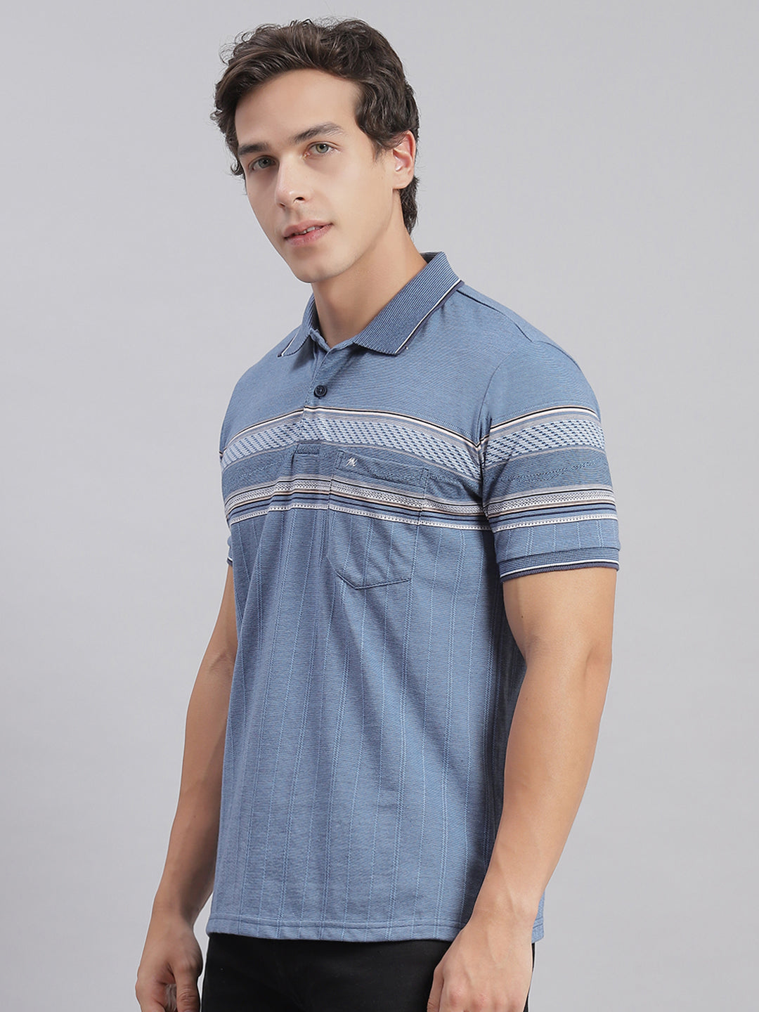 Men Blue Stripe Collar Half Sleeve T-Shirts