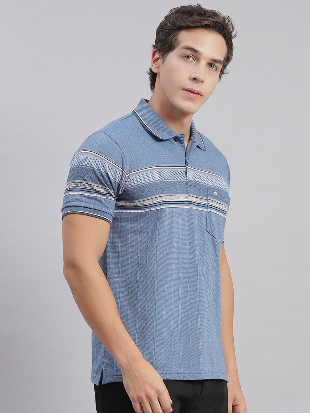 Men Blue Stripe Collar Half Sleeve T-Shirts