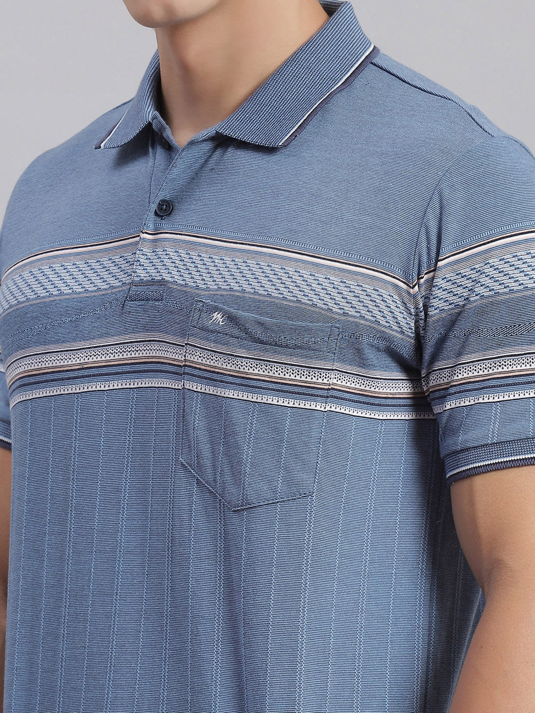 Men Blue Stripe Collar Half Sleeve T-Shirts