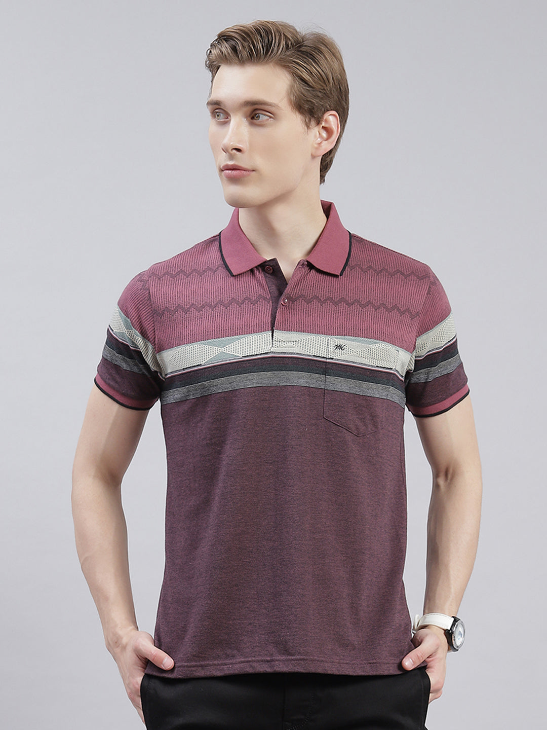 Men Maroon Stripe Collar Half Sleeve T-Shirts