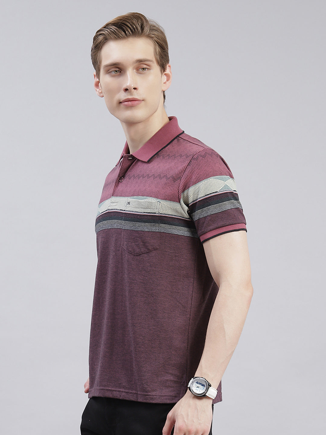 Men Maroon Stripe Collar Half Sleeve T-Shirts