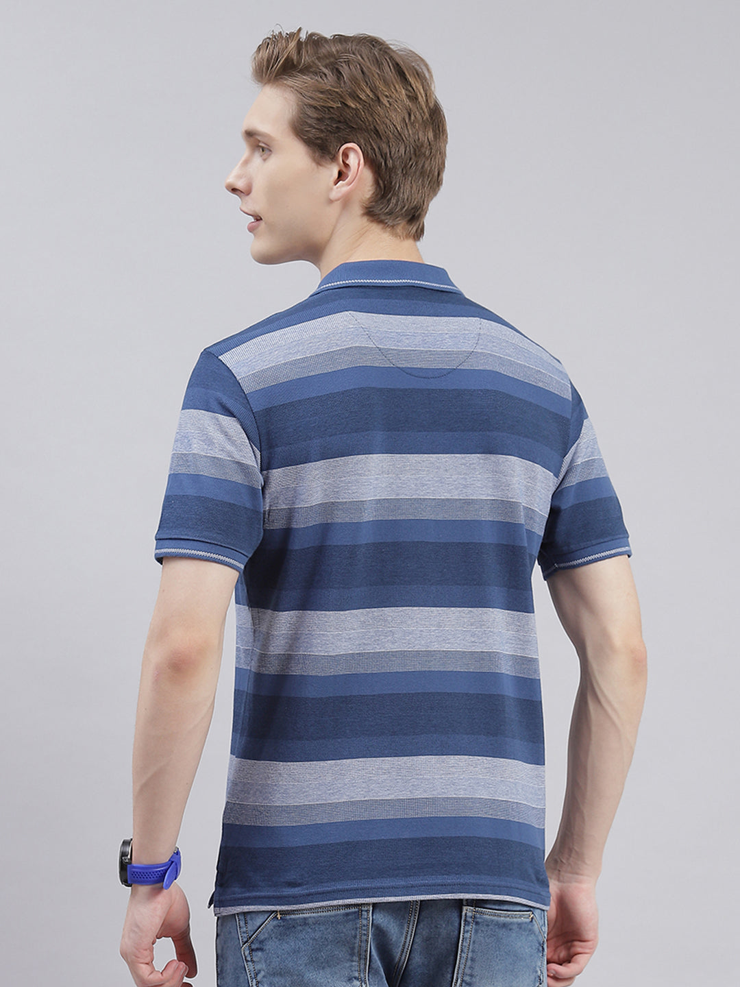 Men Blue Stripe Collar Half Sleeve T-Shirts