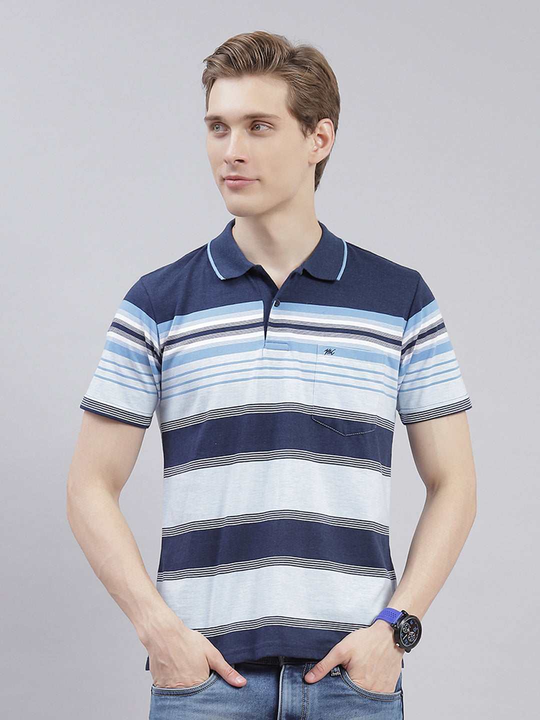 Men Navy Blue Stripe Collar Half Sleeve T-Shirts