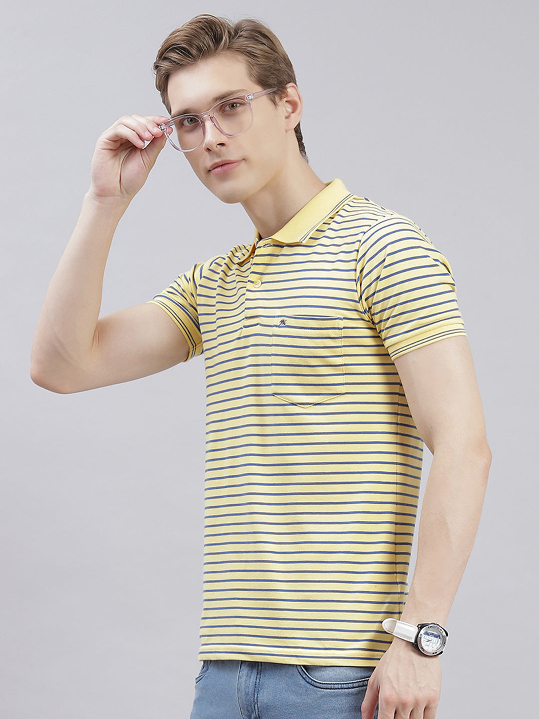 Men Yellow Stripe Collar Half Sleeve T-Shirts