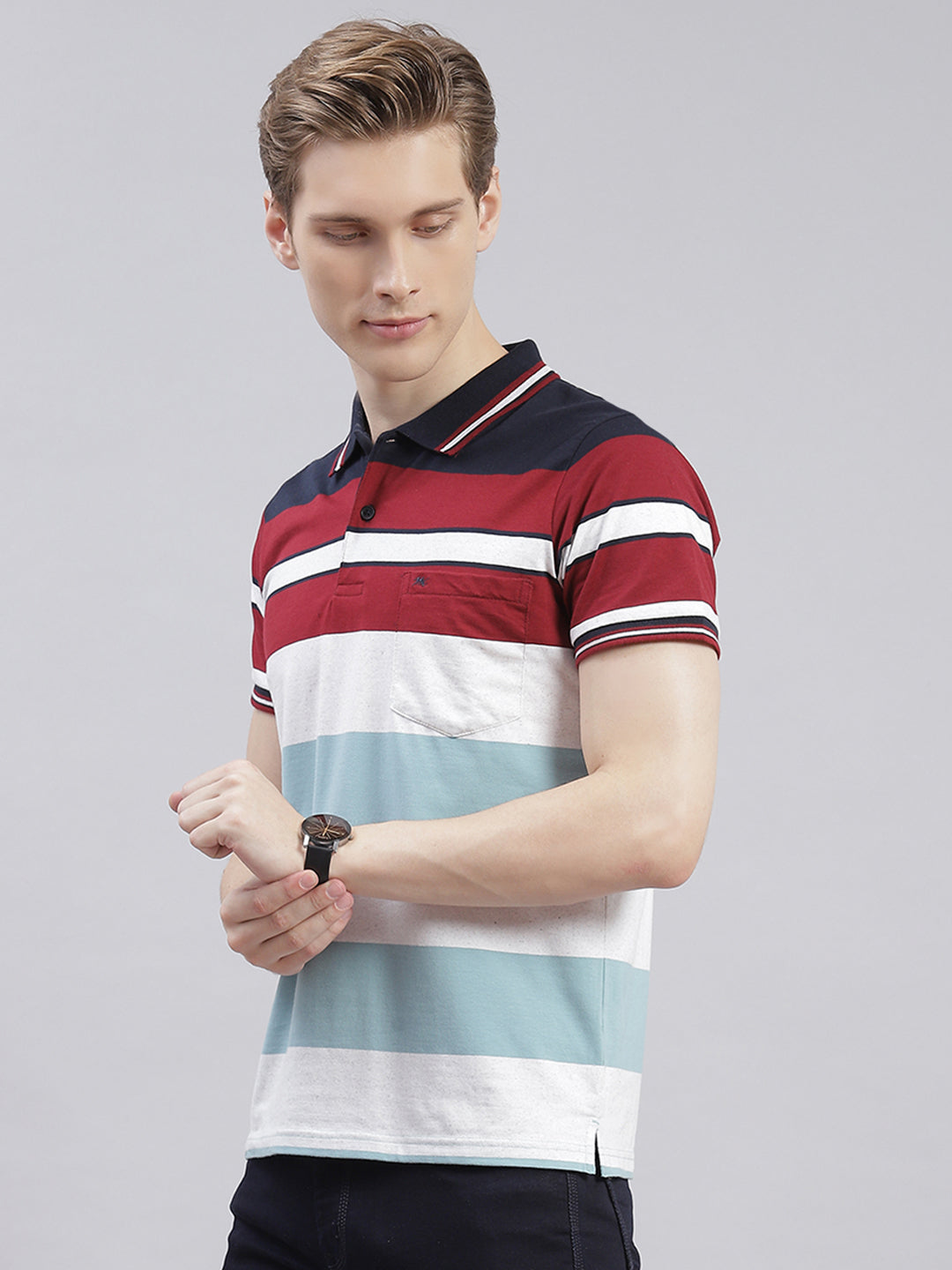 Men Maroon Stripe Collar Half Sleeve T-Shirts