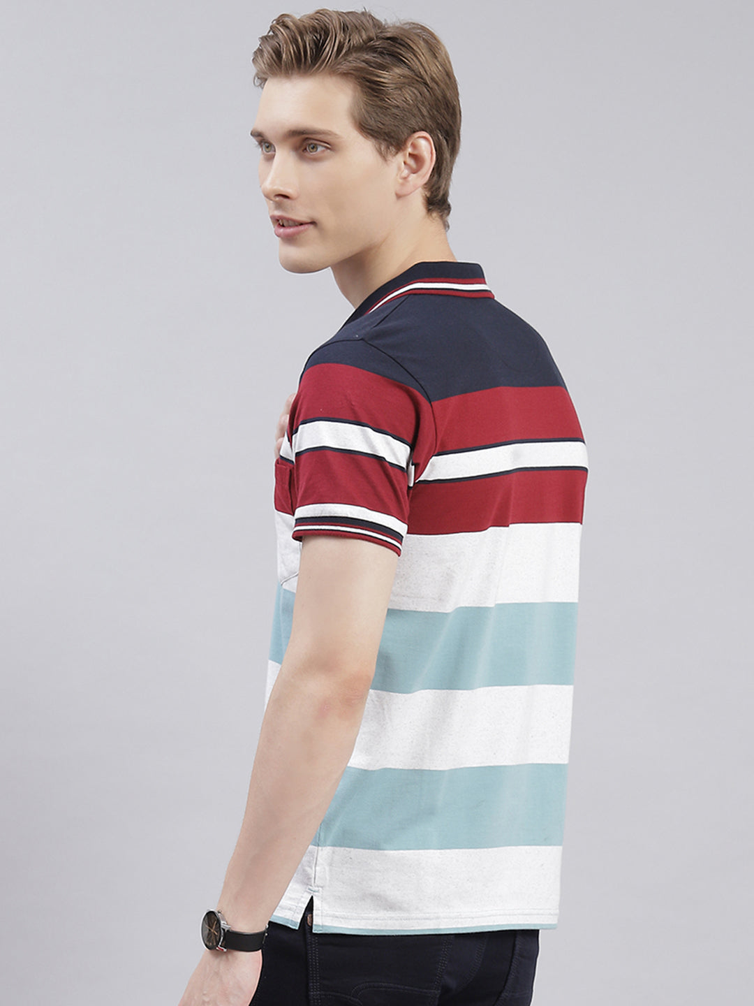 Men Maroon Stripe Collar Half Sleeve T-Shirts