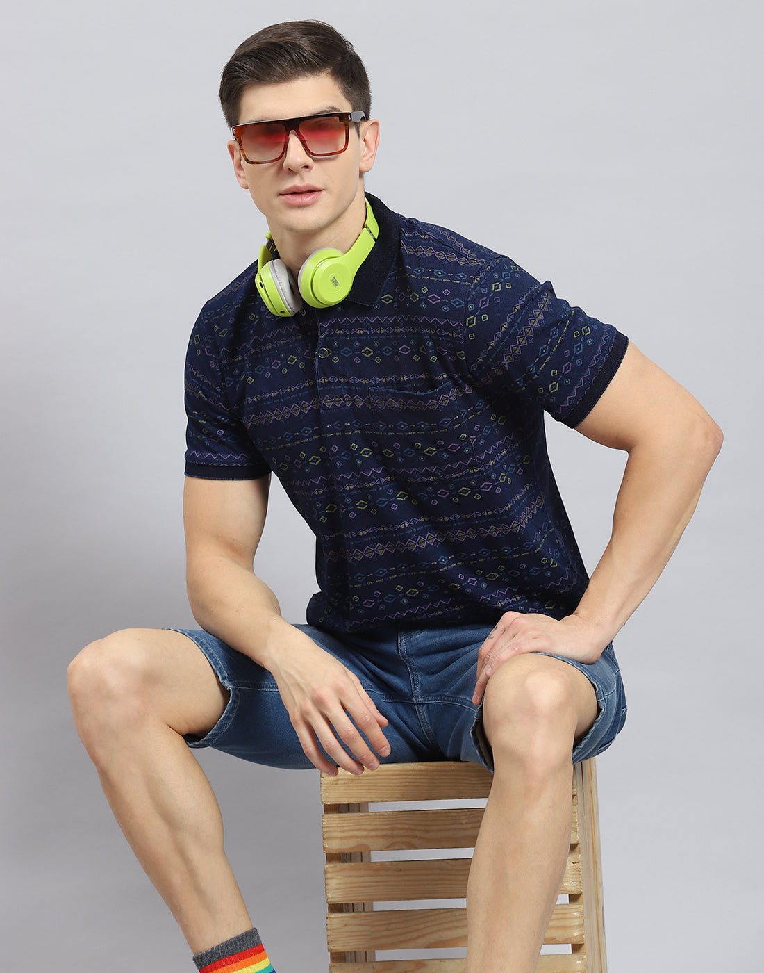 Men Blue Printed Polo Collar Half Sleeve T-Shirt