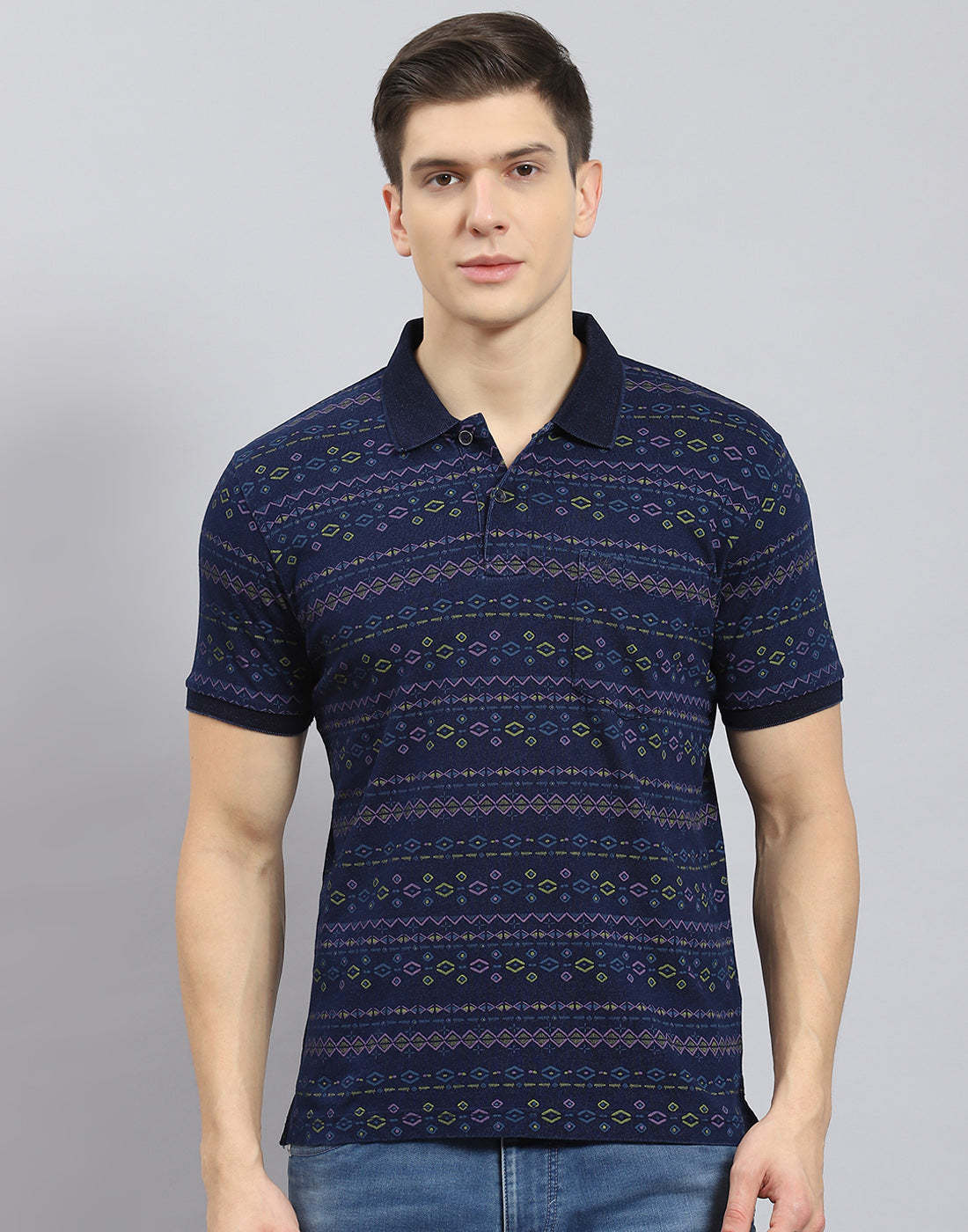 Men Blue Printed Polo Collar Half Sleeve T-Shirt