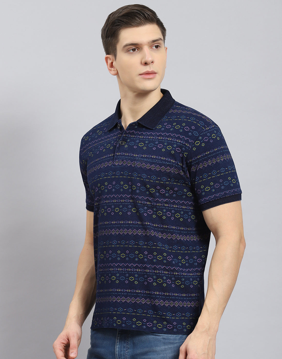 Men Blue Printed Polo Collar Half Sleeve T-Shirt
