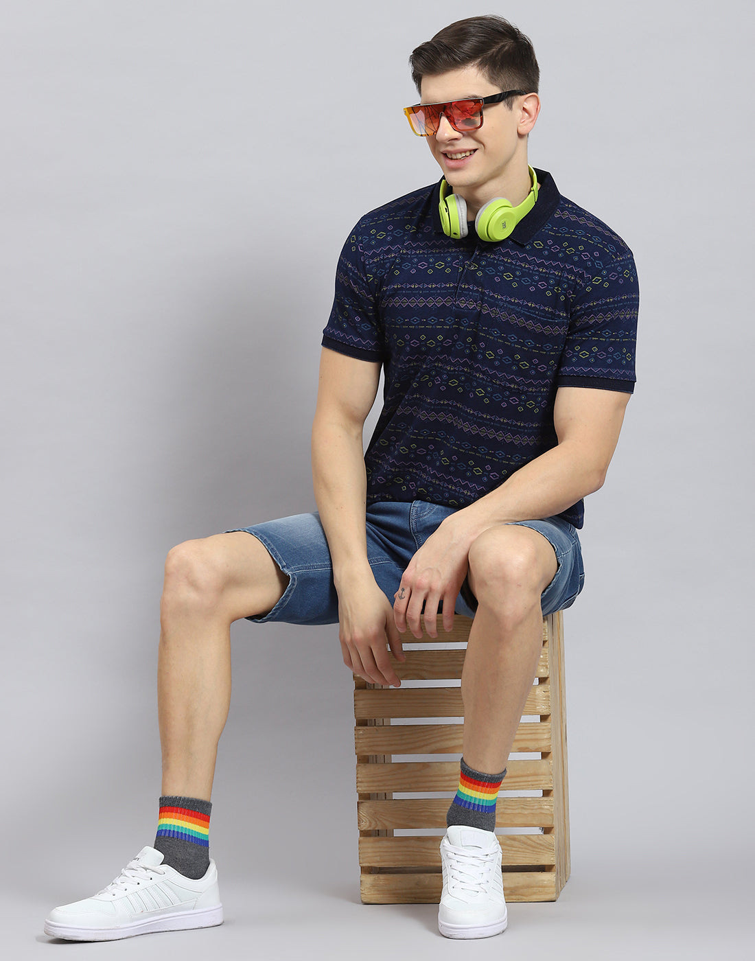 Men Blue Printed Polo Collar Half Sleeve T-Shirt