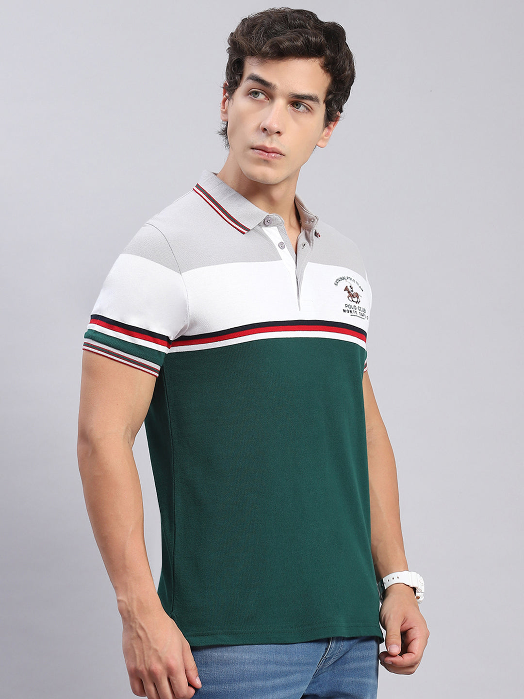 Men Green Stripe Collar Half Sleeve T-Shirts