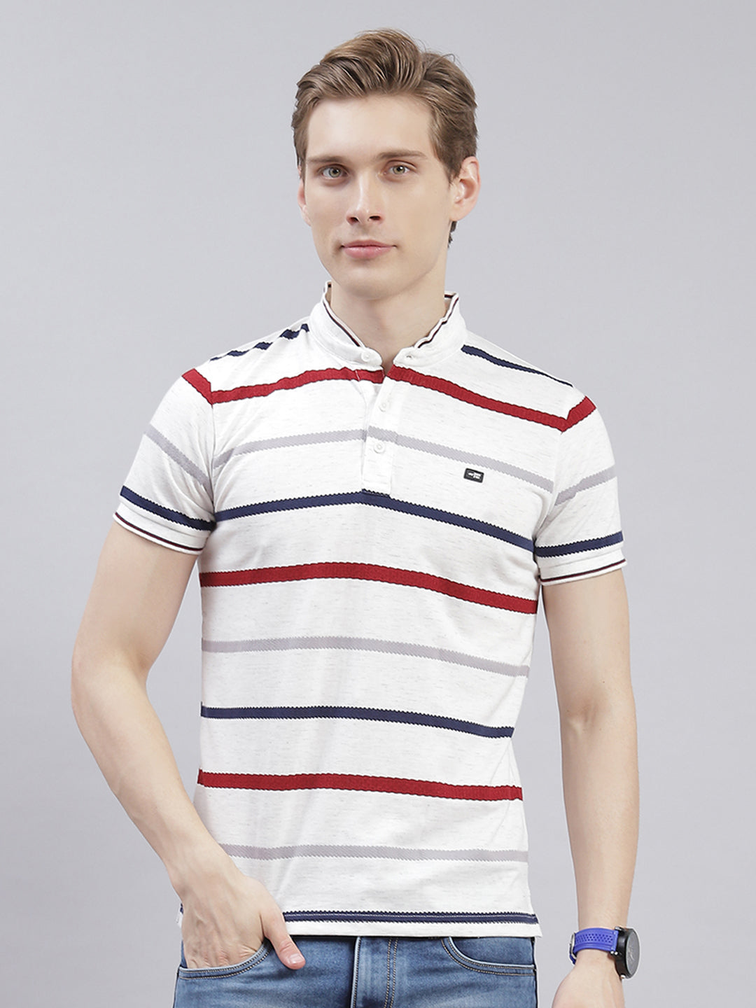 Men White Stripe Stand Collar Half Sleeve T-Shirts
