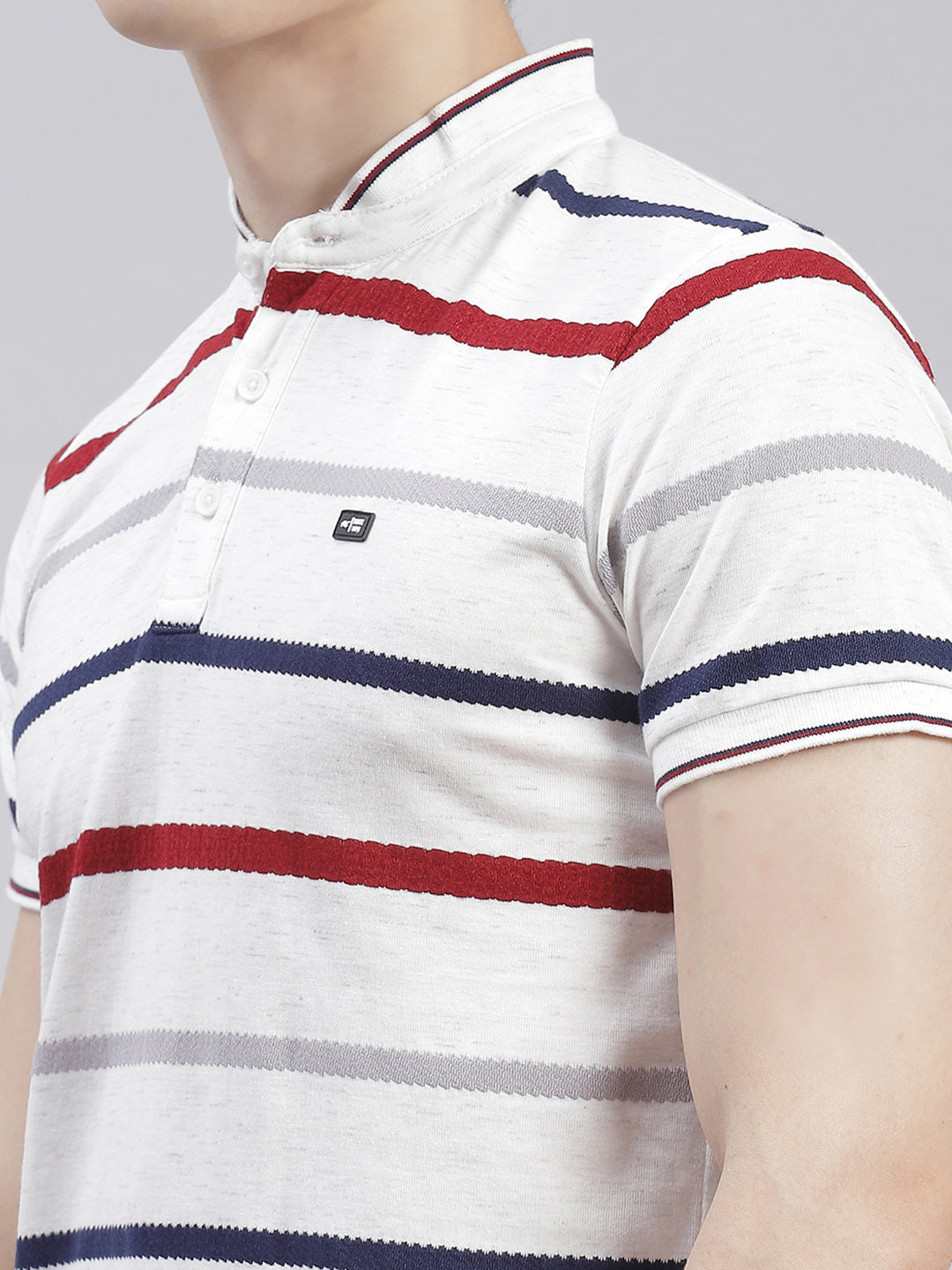 Men White Stripe Stand Collar Half Sleeve T-Shirts