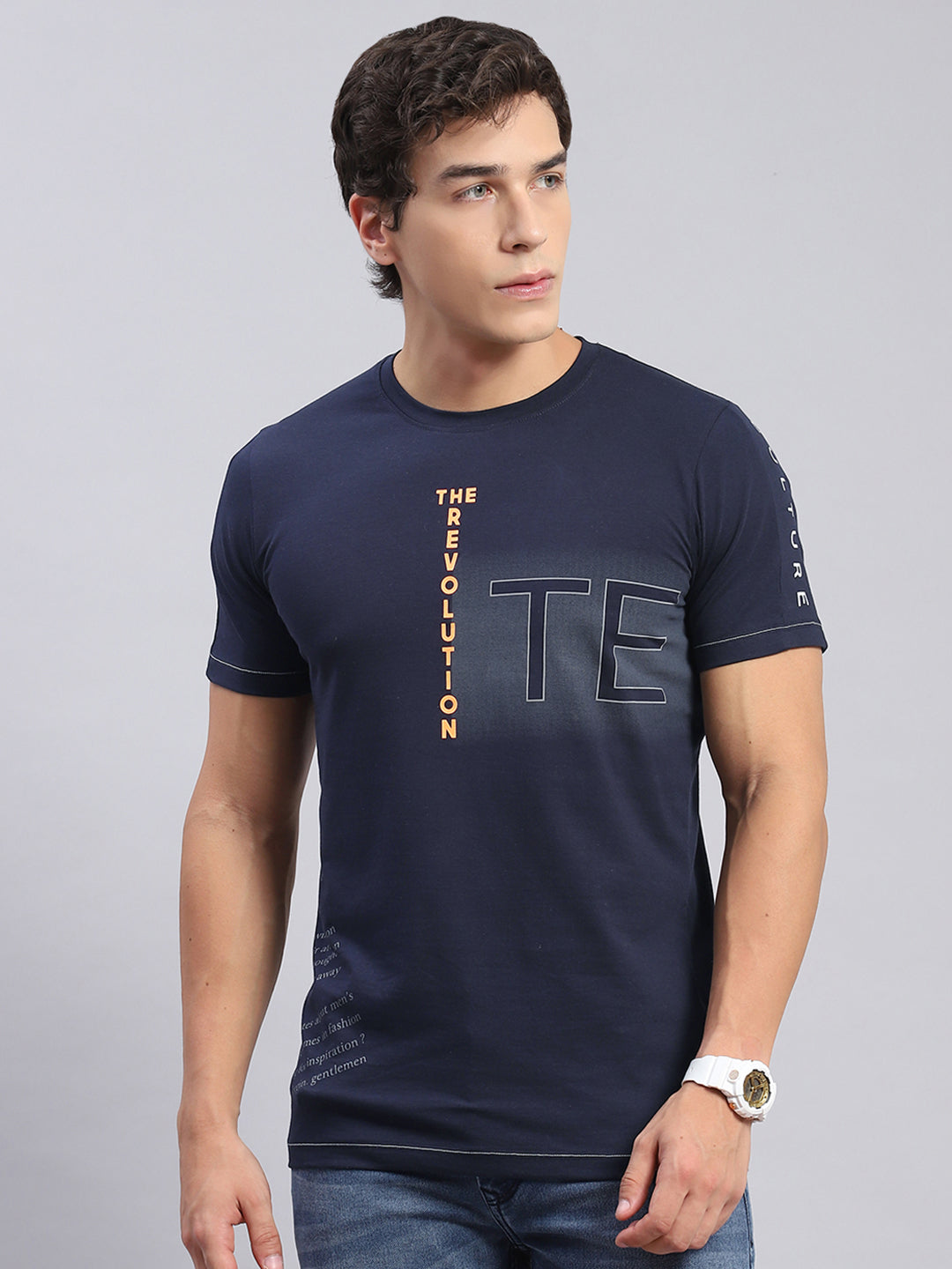 Men Navy Blue Printed Round Neck Half Sleeve T-Shirts