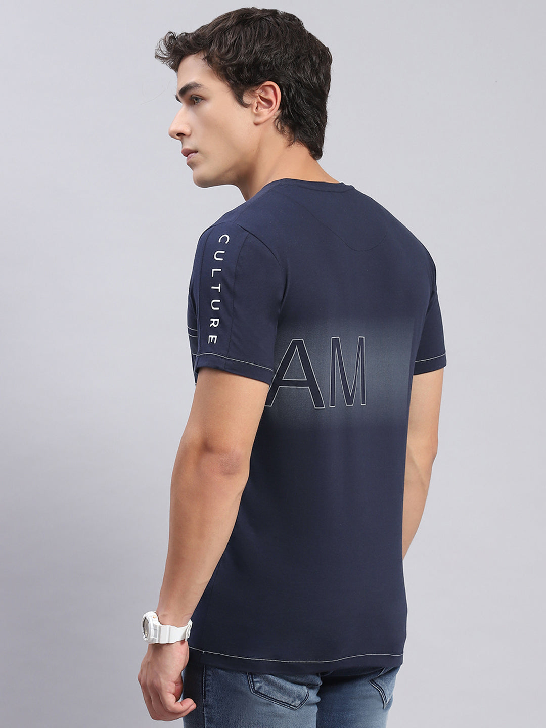 Men Navy Blue Printed Round Neck Half Sleeve T-Shirts