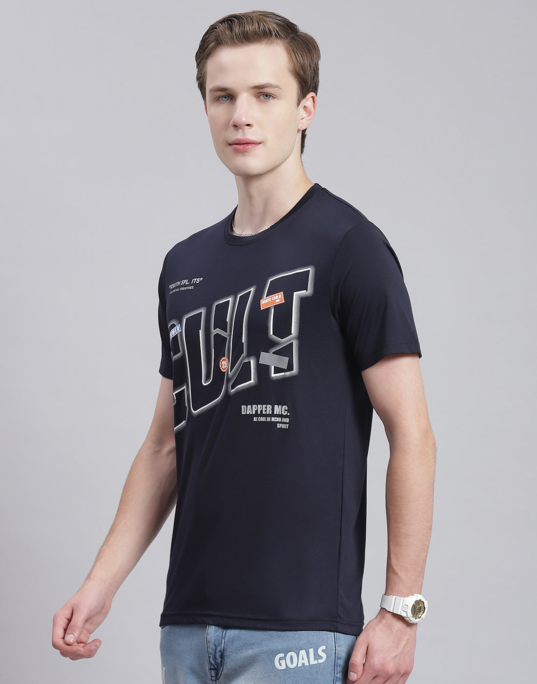 Men Navy Blue Printed Round Neck Half Sleeve T-Shirt