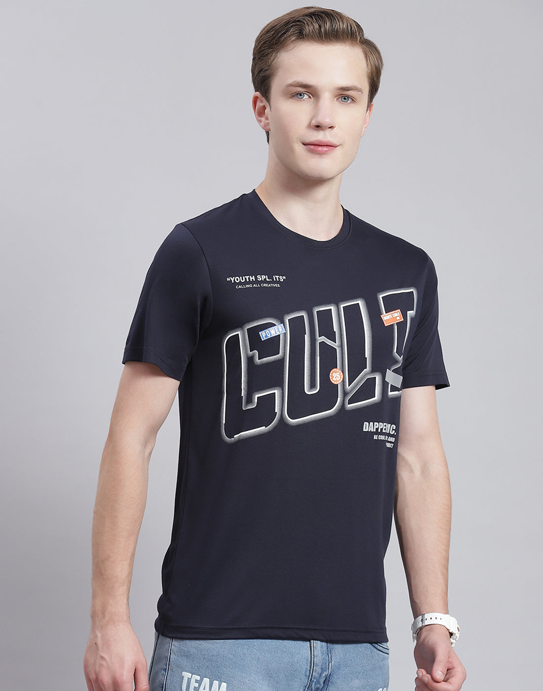 Men Navy Blue Printed Round Neck Half Sleeve T-Shirt