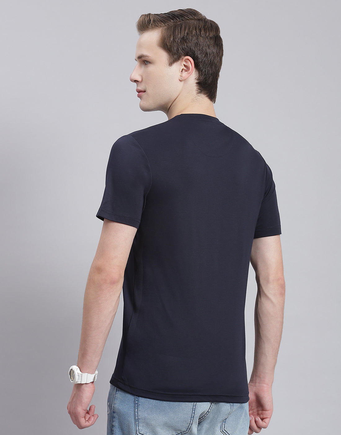 Men Navy Blue Printed Round Neck Half Sleeve T-Shirt