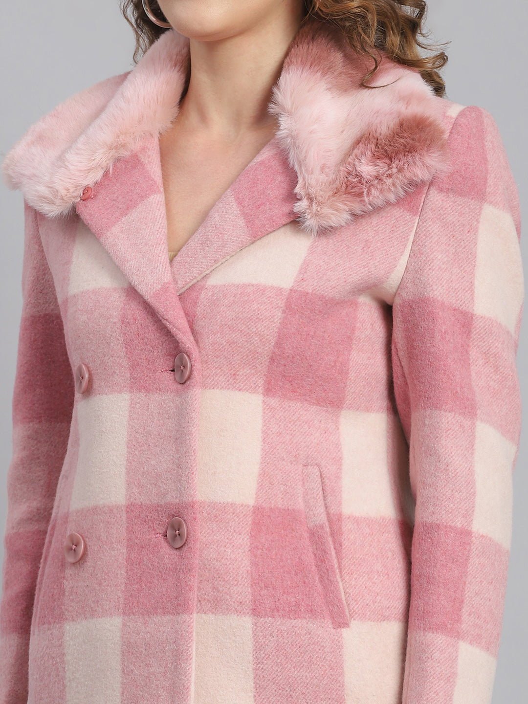 Women Pink Check Collar Full Sleeve Coats