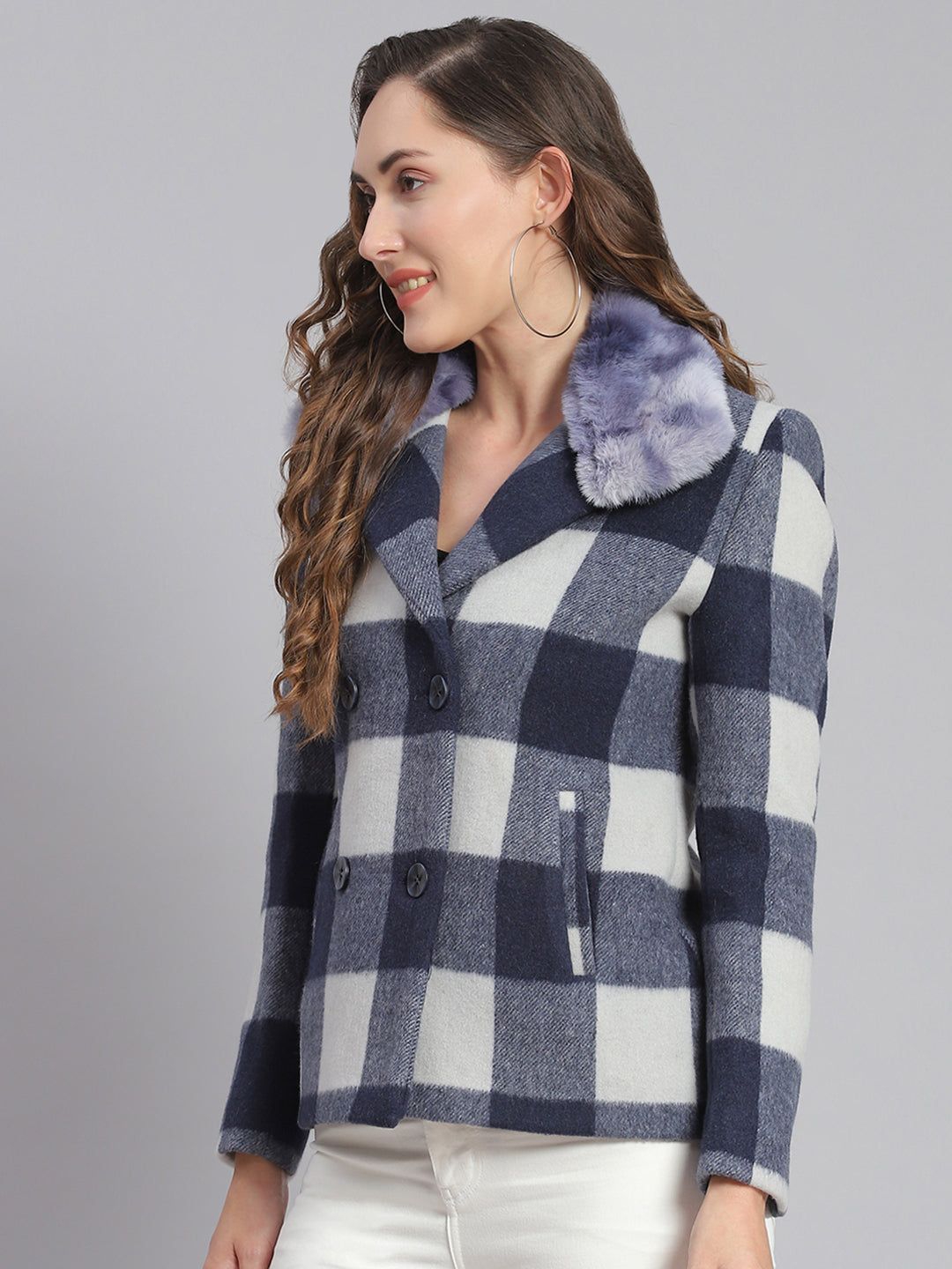 Women Blue Check Collar Full Sleeve Coats